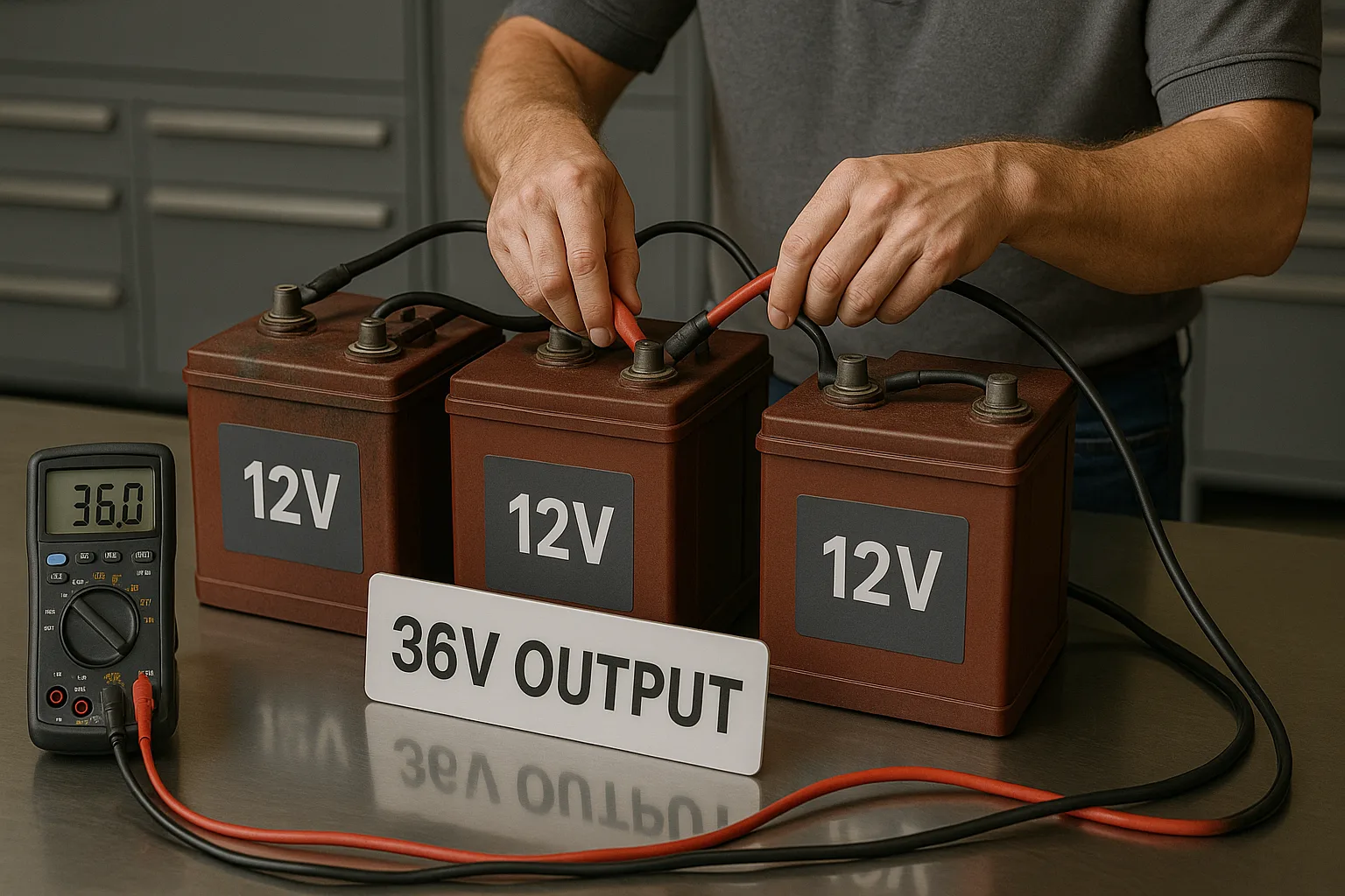 Three 12V deep-cycle batteries wired in series labeled 36V output, with a digital multimeter showing 36.0 volts in a workshop.