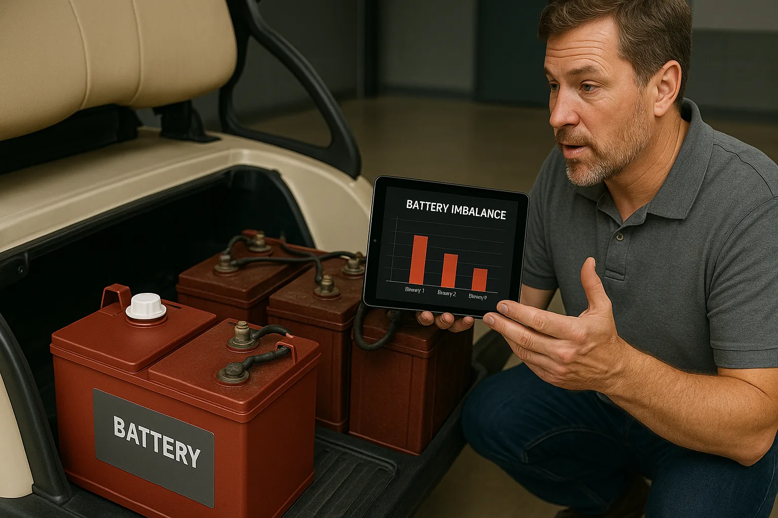 Technician explaining battery imbalance using a digital tablet beside new and worn golf cart batteries in open compartment under indoor lighting.