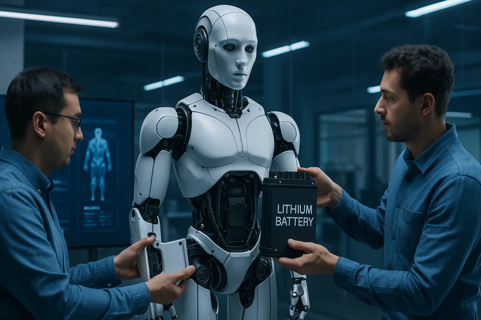 Engineers installing a lithium battery pack inside the torso of an advanced humanoid robot in a modern robotics lab with digital screens showing power data.