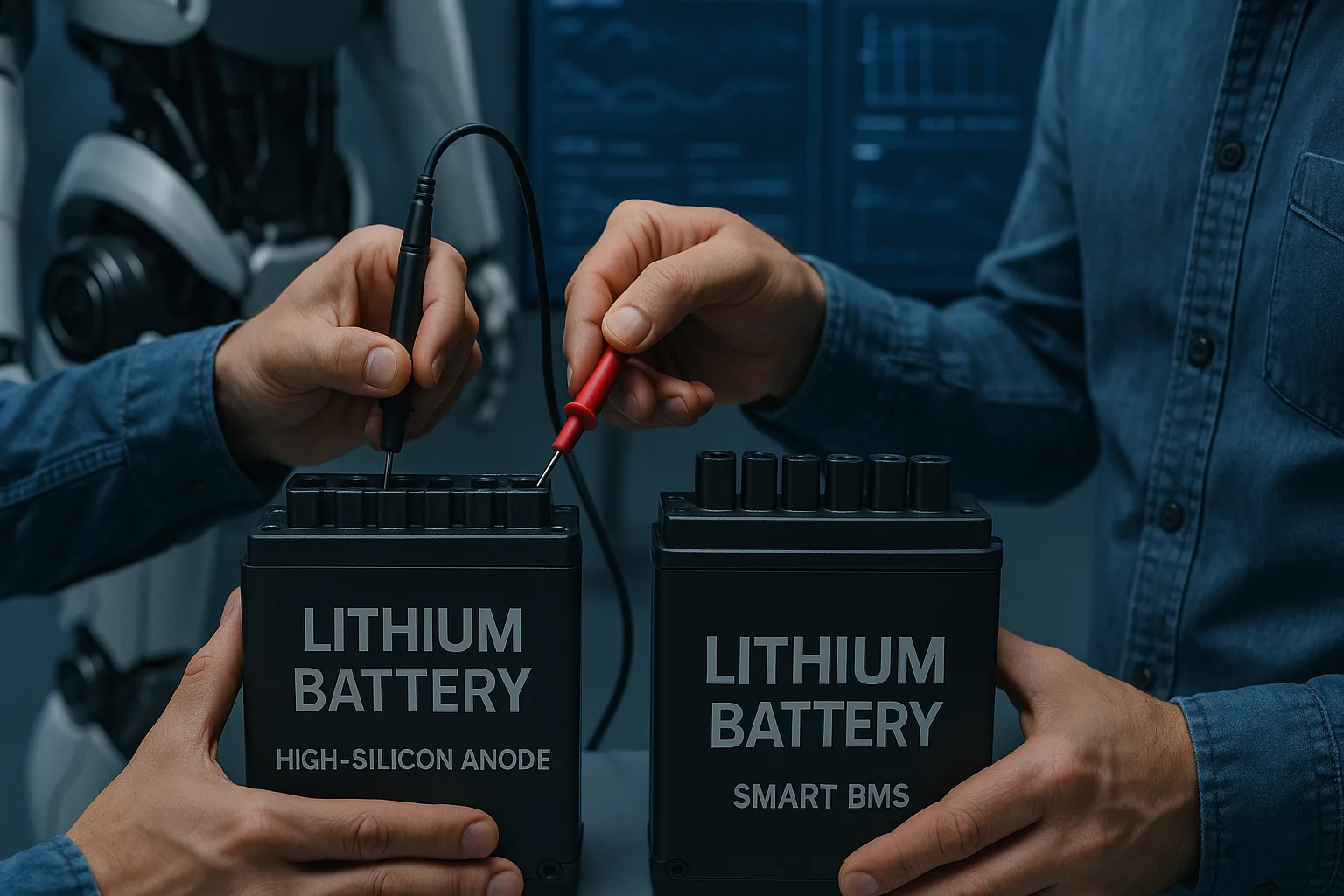 Close-up of engineers testing advanced lithium battery modules labeled High-Silicon Anode and Smart BMS in a humanoid robot lab.
