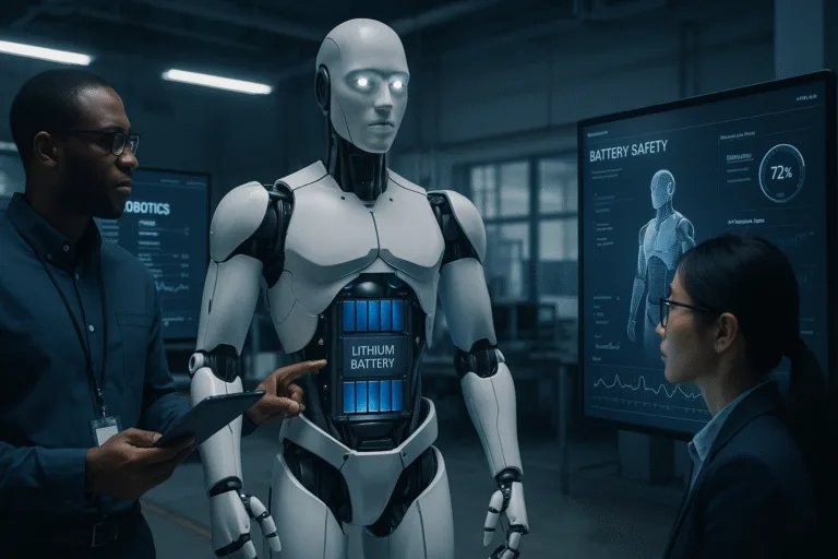Engineer testing humanoid robot lithium battery pack in a modern robotics laboratory, digital screens displaying safety and performance data.