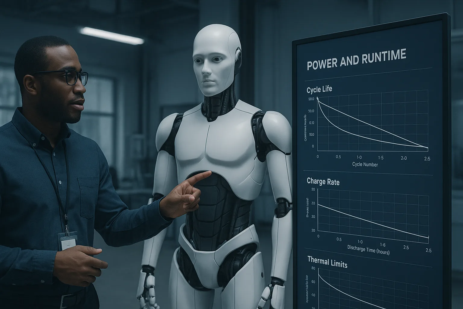 Engineer presenting power and runtime charts beside humanoid robot prototype showing cycle life, charge rate, and thermal limit data.