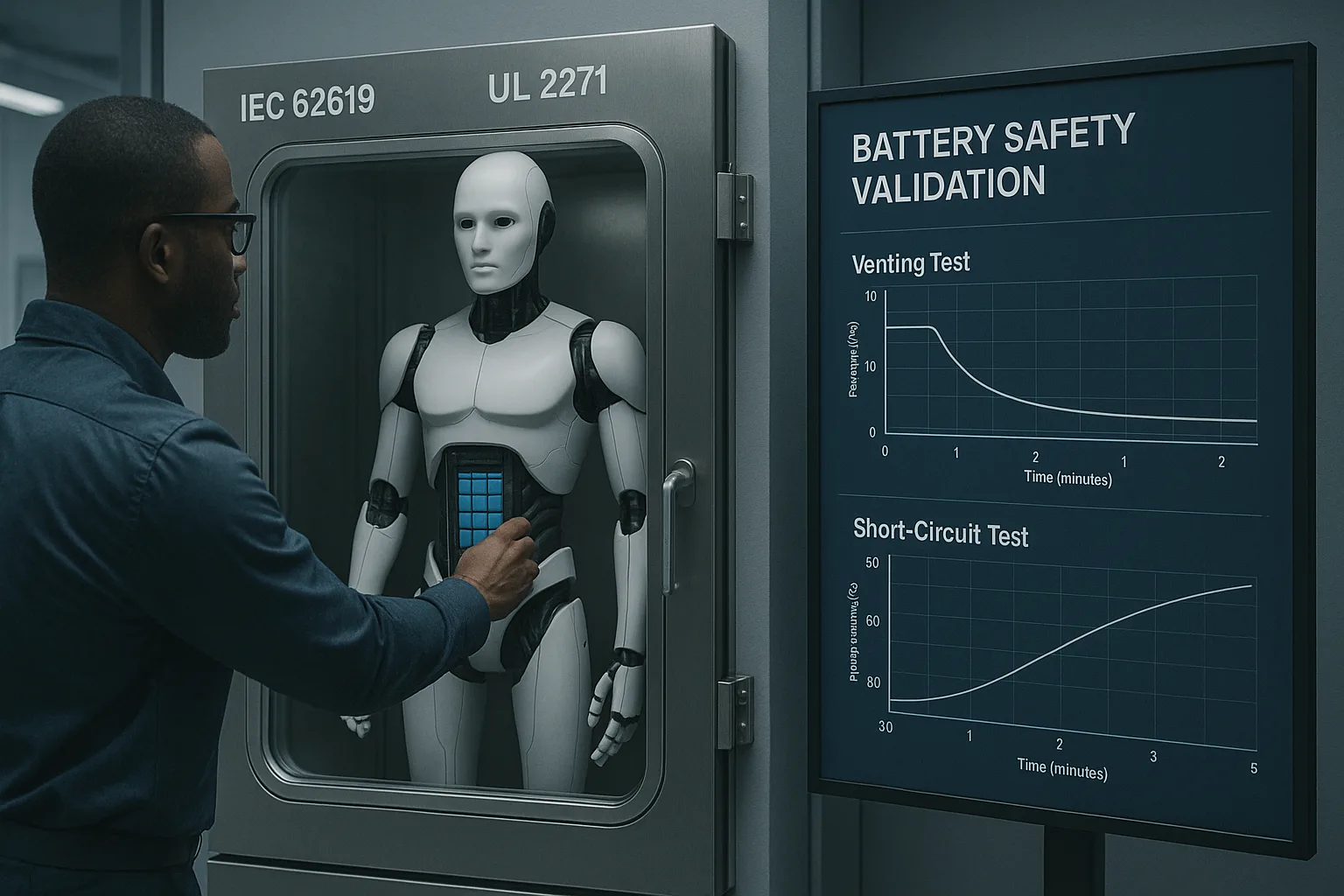 Engineer validating humanoid robot battery safety in IEC 62619 and UL 2271 test chamber with venting and short-circuit test results on monitors.