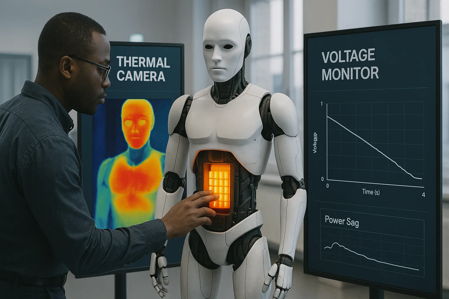 Engineer troubleshooting humanoid robot power system using thermal camera and voltage monitor showing overheating and power sag data.