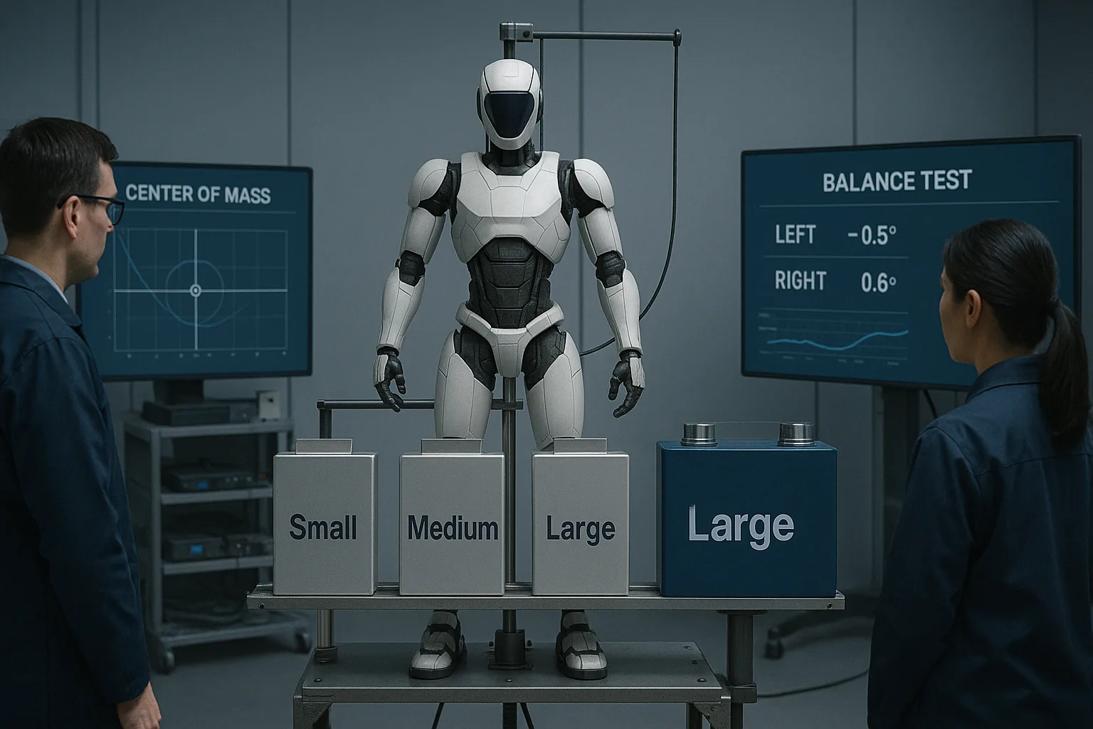 Humanoid robot on a balance testing rig with different battery sizes being evaluated for center-of-mass alignment while engineers observe data on lab monitors.