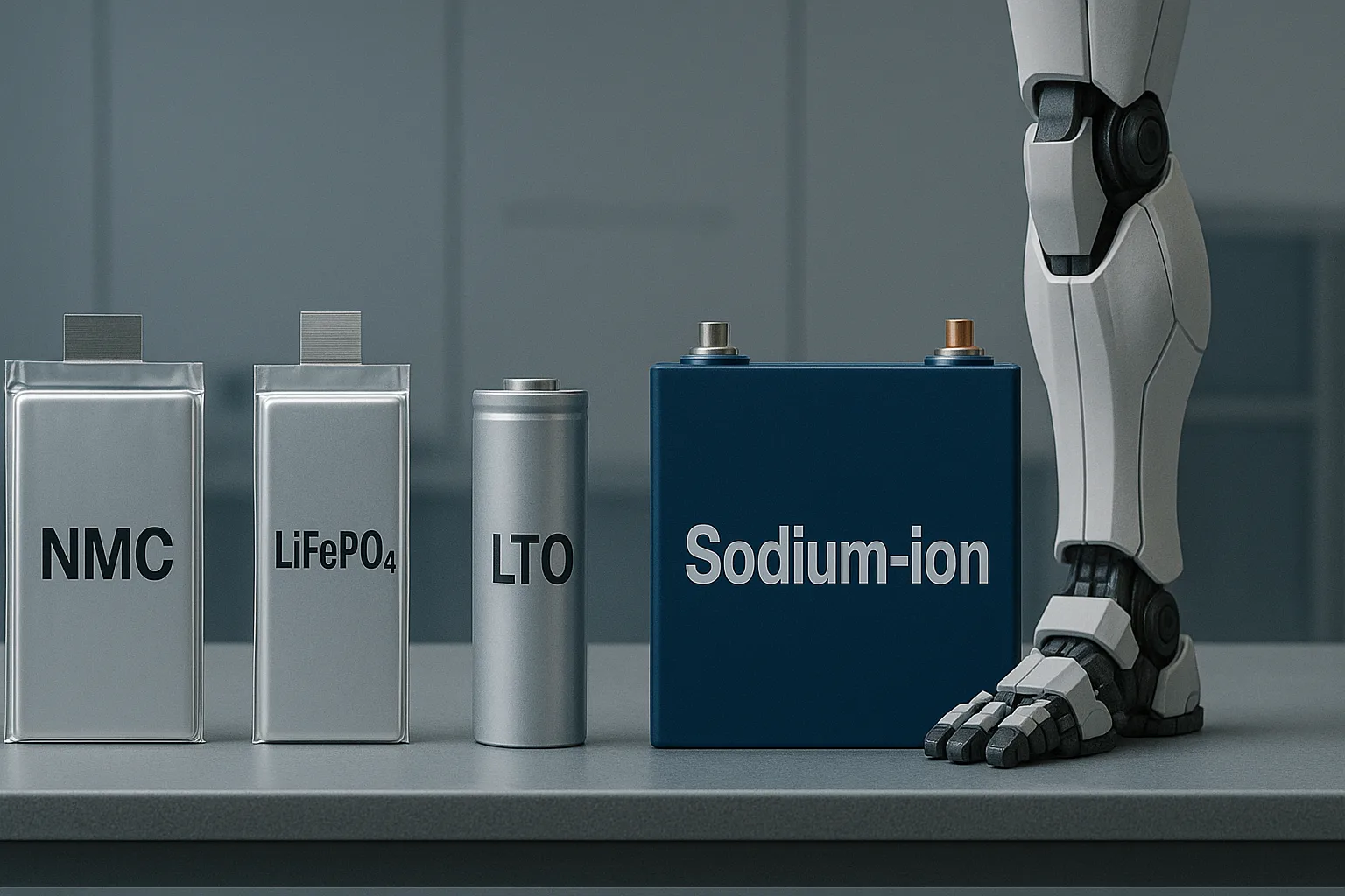 Comparative lineup of NMC, LiFePO4, LTO, and Sodium-ion batteries displayed on a workbench beside a humanoid robot leg under clean lab lighting.
