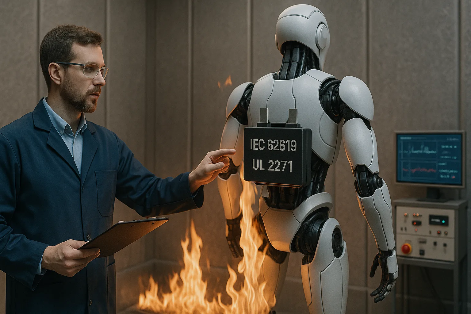 Engineer conducting IEC 62619 and UL 2271 battery safety certification tests on a humanoid robot pack in a fire-resistant laboratory.