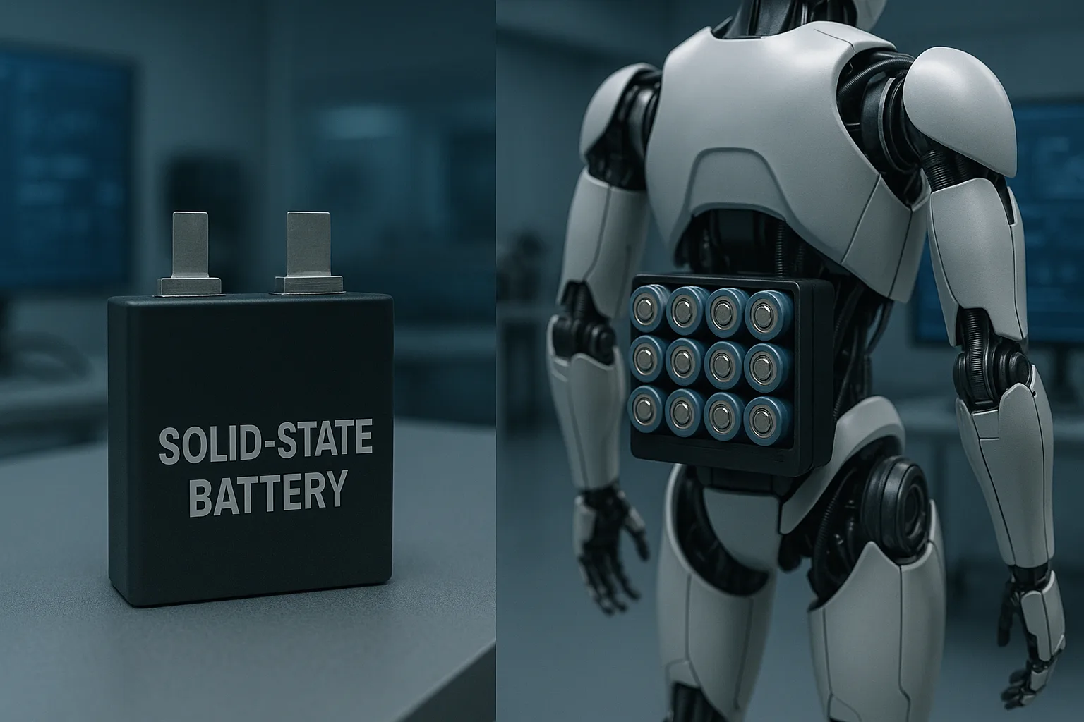 Split-scene comparison showing solid-state battery prototypes on one side and cylindrical Li-ion cells powering a humanoid robot on the other in a robotics lab.