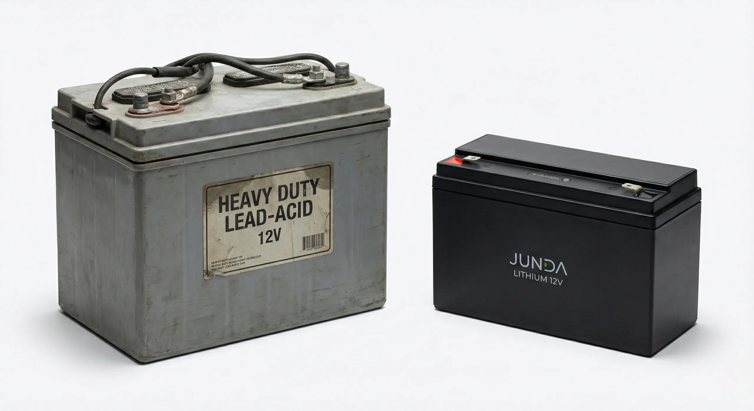 Size comparison showing a bulky traditional lead-acid battery on the left versus a compact Junda lithium LiFePO4 battery pack on the right.