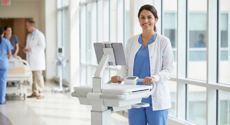 Nurse pushing a mobile medical cart powered by a lightweight lithium battery pack in a hospital corridor.