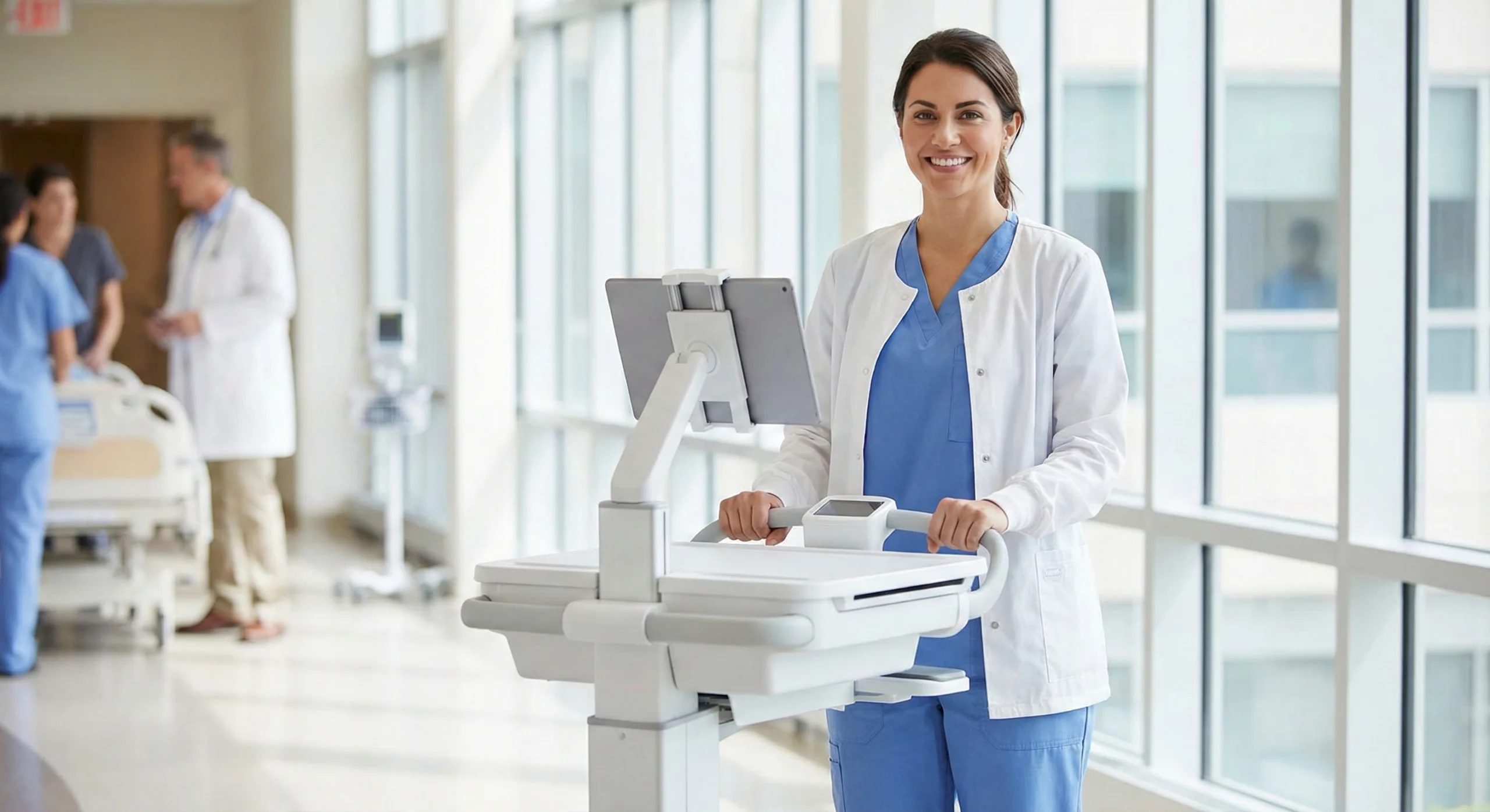 Nurse pushing a mobile medical cart powered by a lightweight lithium battery pack in a hospital corridor.