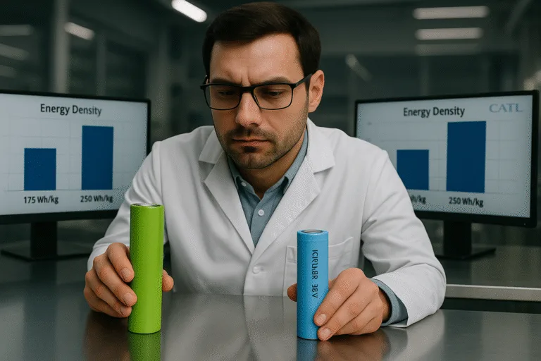 Lab engineer comparing lithium-ion and sodium-ion cells with energy-density graphs on monitors.