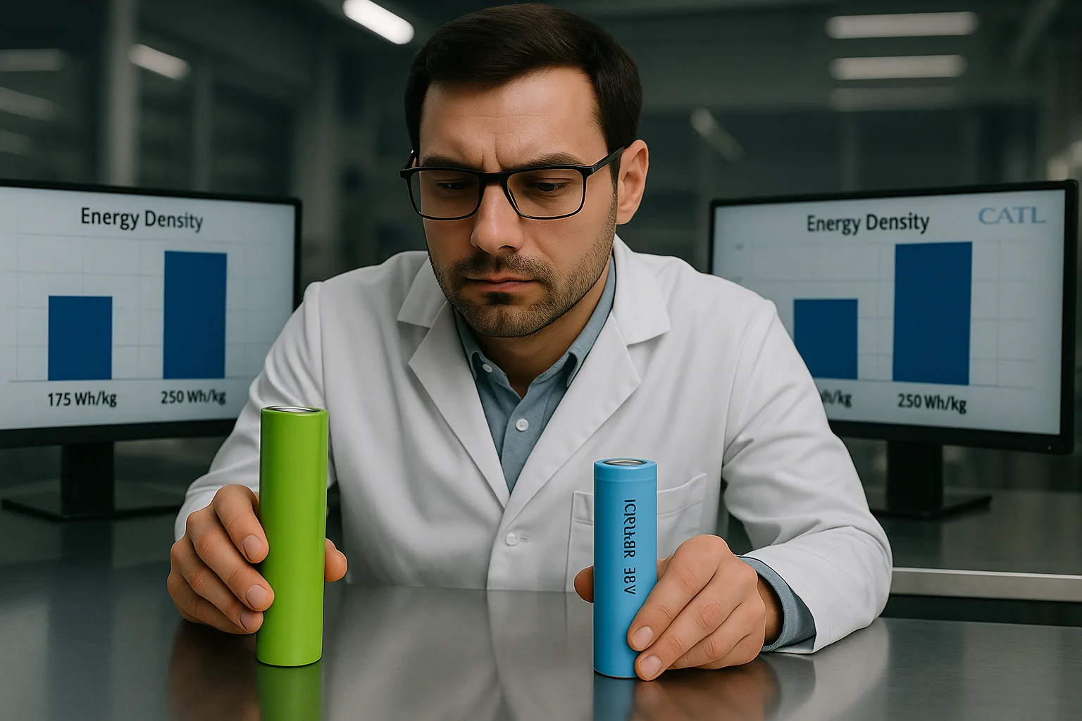 Lab engineer comparing lithium-ion and sodium-ion cells with energy-density graphs on monitors.