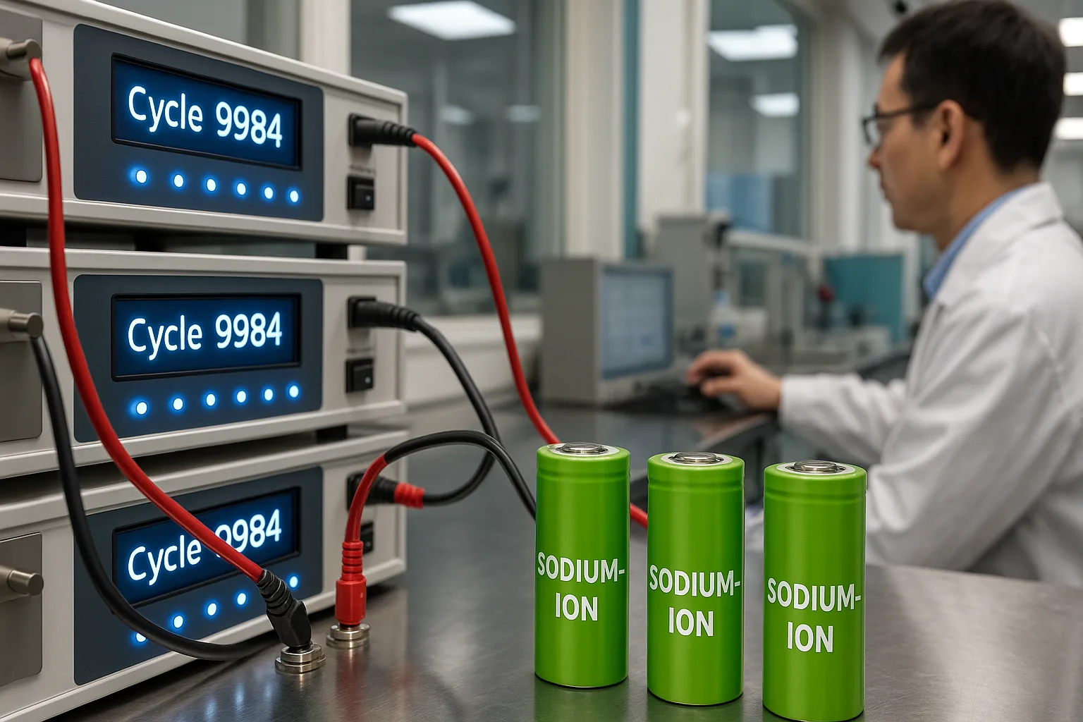 Sodium-ion cells on cycle-life testers reading “Cycle 9984” with blue LEDs; technician monitoring data.
