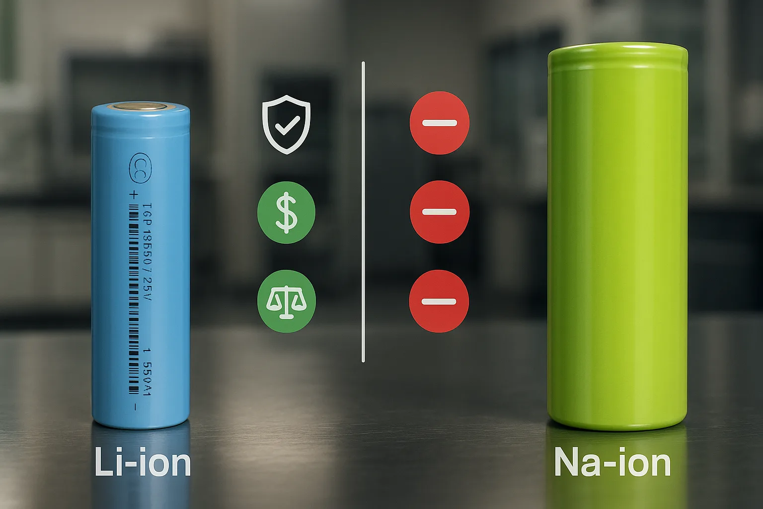 Balanced shot of blue Li-ion and green Na-ion cells on steel surface with pros/cons icons overlay.