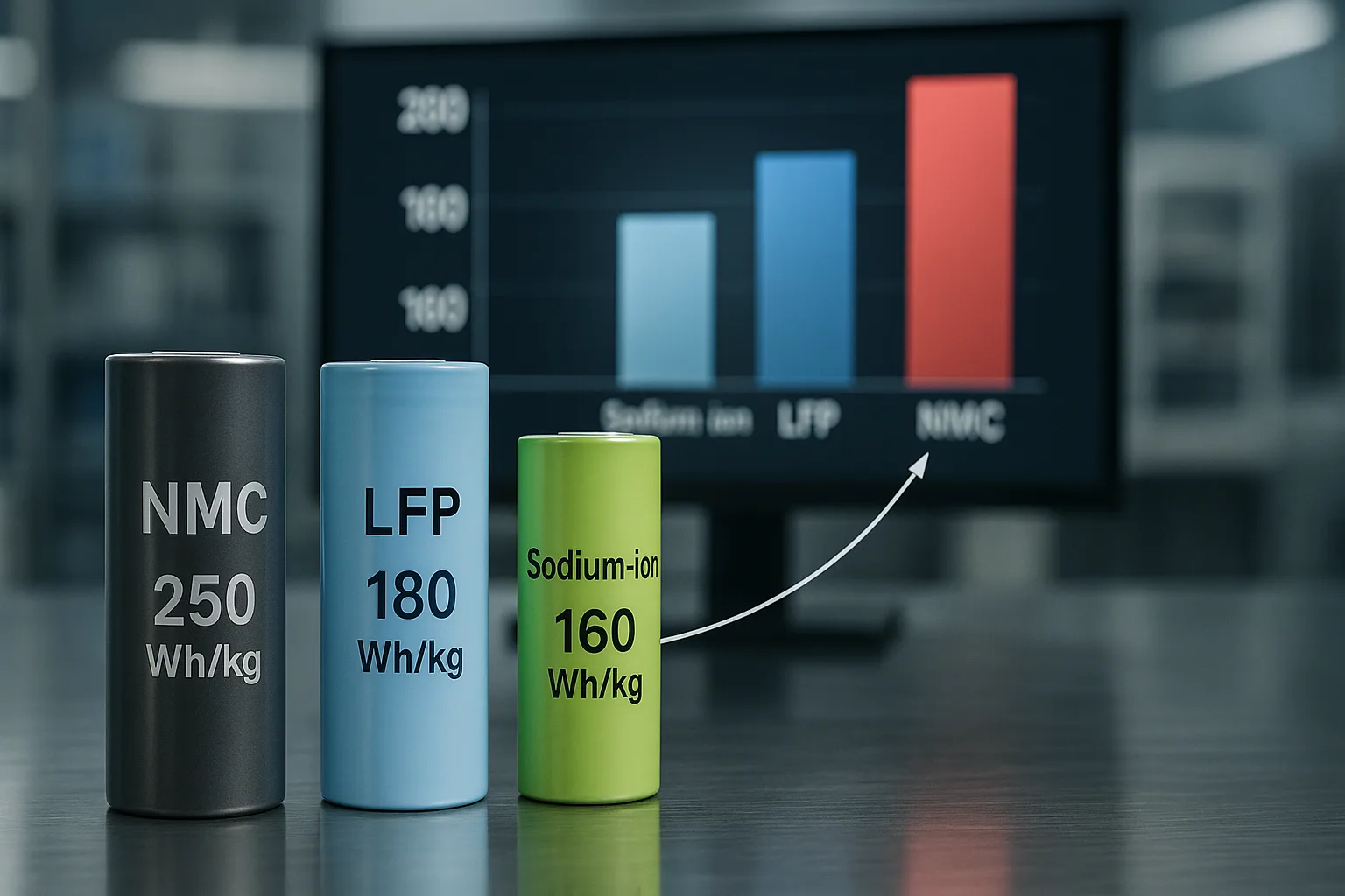 Close-up of NMC 250 Wh/kg, LFP 180 Wh/kg, and Sodium-ion 160 Wh/kg cells with bar-chart monitor.