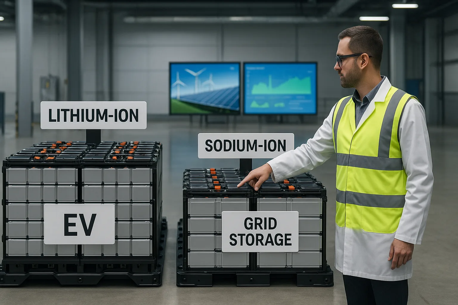 Technician points to sodium-ion grid-storage pack beside lithium-ion EV pack; renewable-energy screens behind.