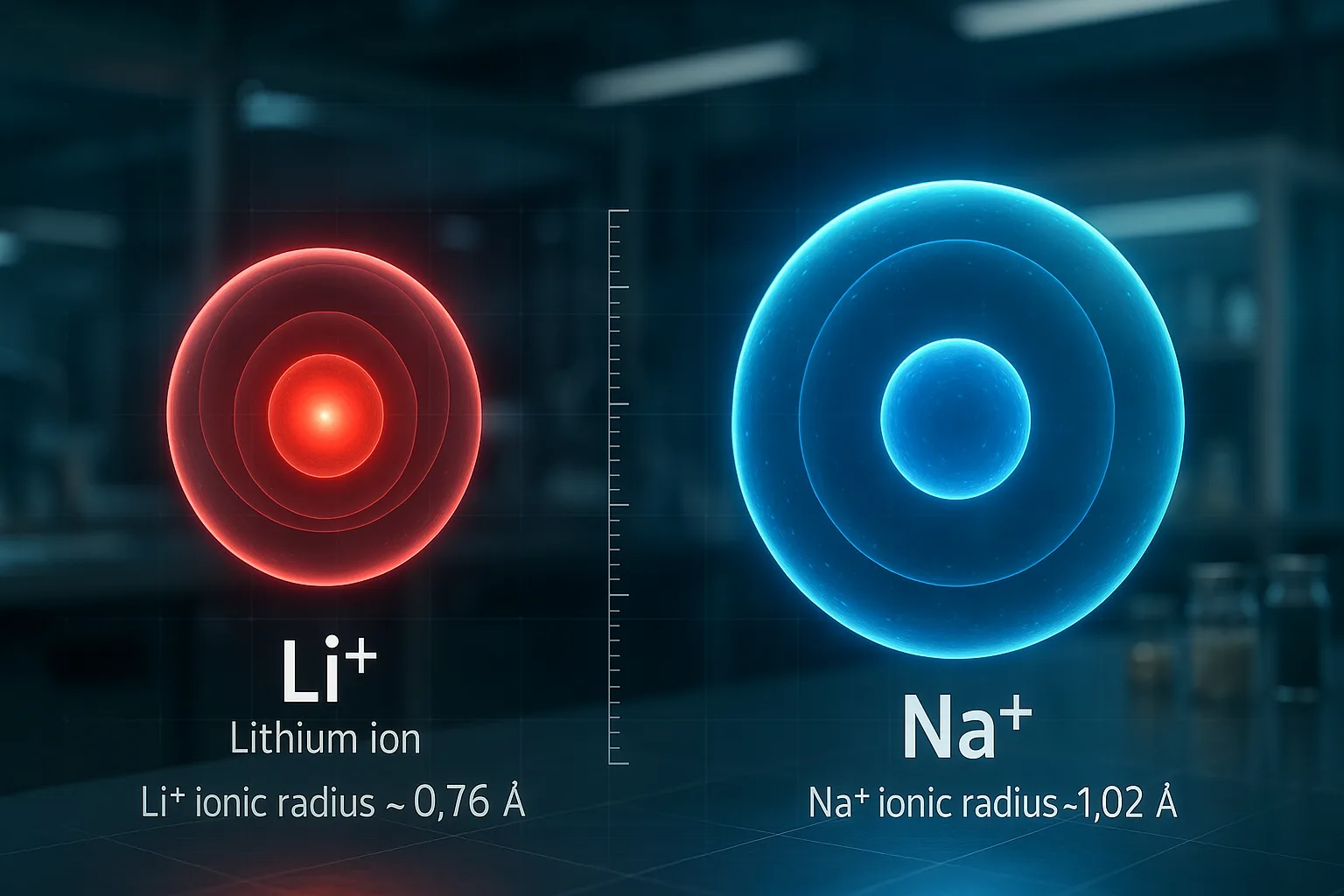 3D diagram of Li⁺ (0.76 Å) vs Na⁺ (1.02 Å) ionic radii with research-lab background.