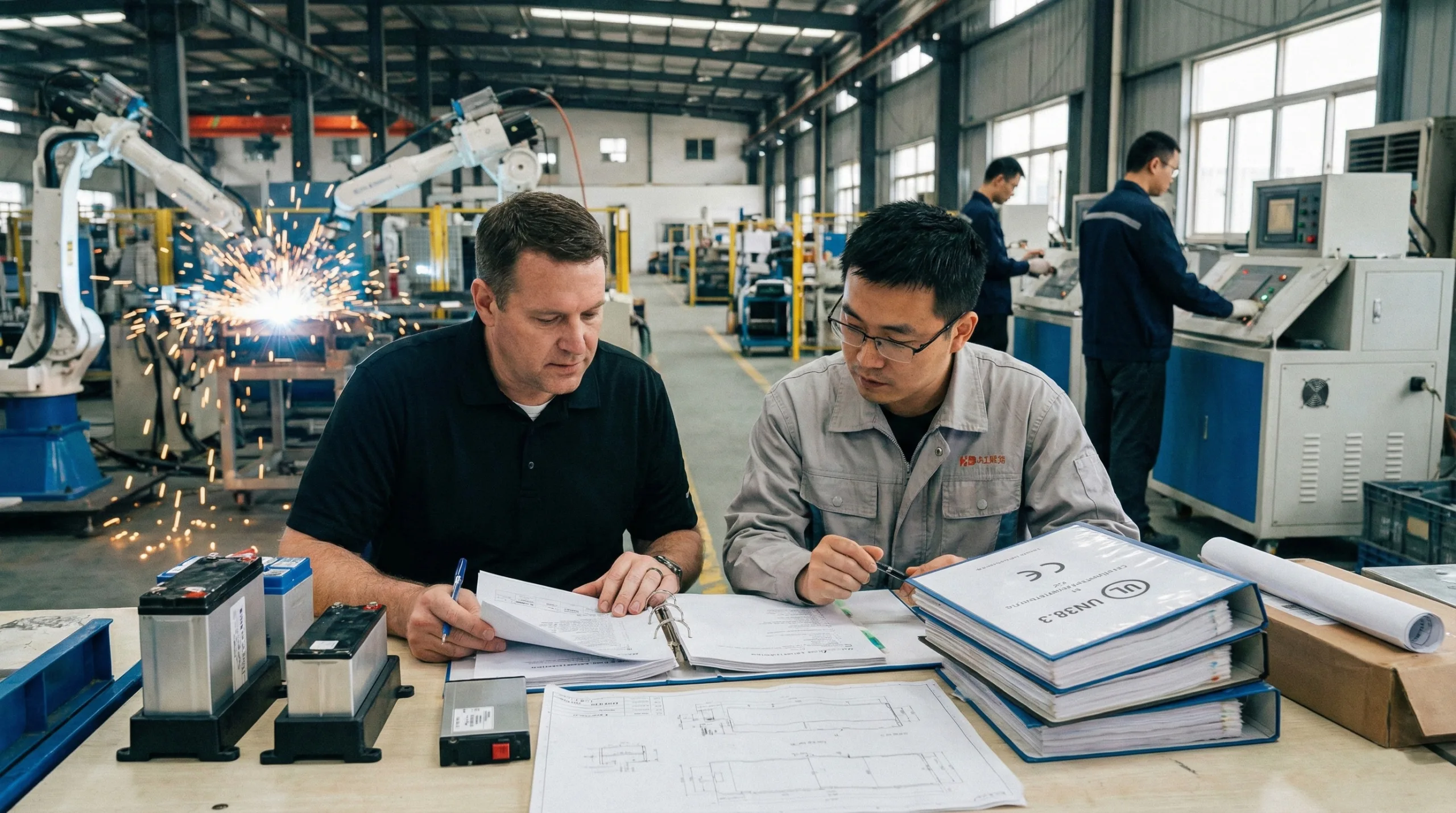 U.S. industrial buyer and Junda engineers reviewing lithium battery export documents and pack samples on the active production floor.
