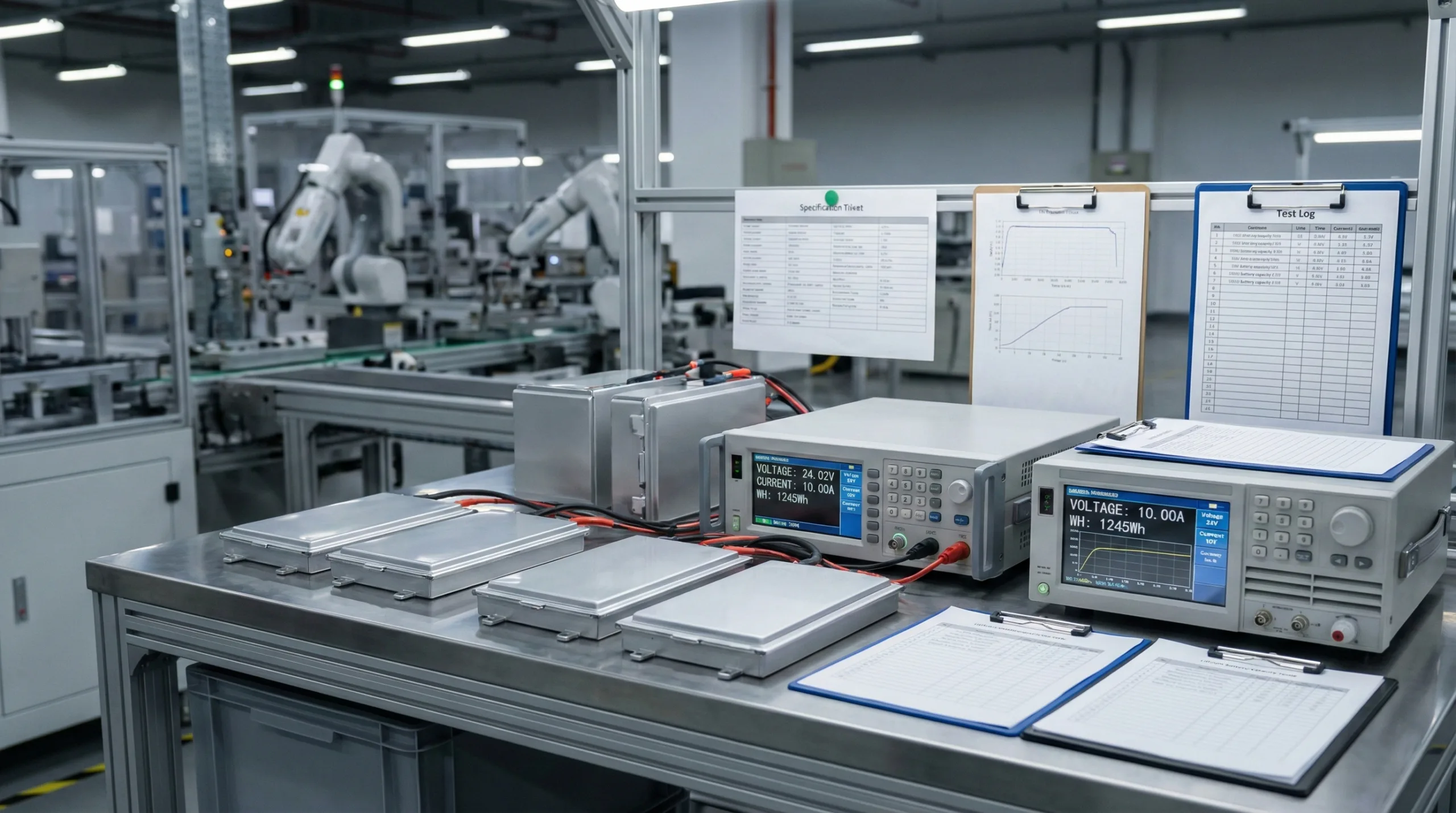 Lithium battery pack connected to an electronic load tester showing voltage and current readings during factory testing.
