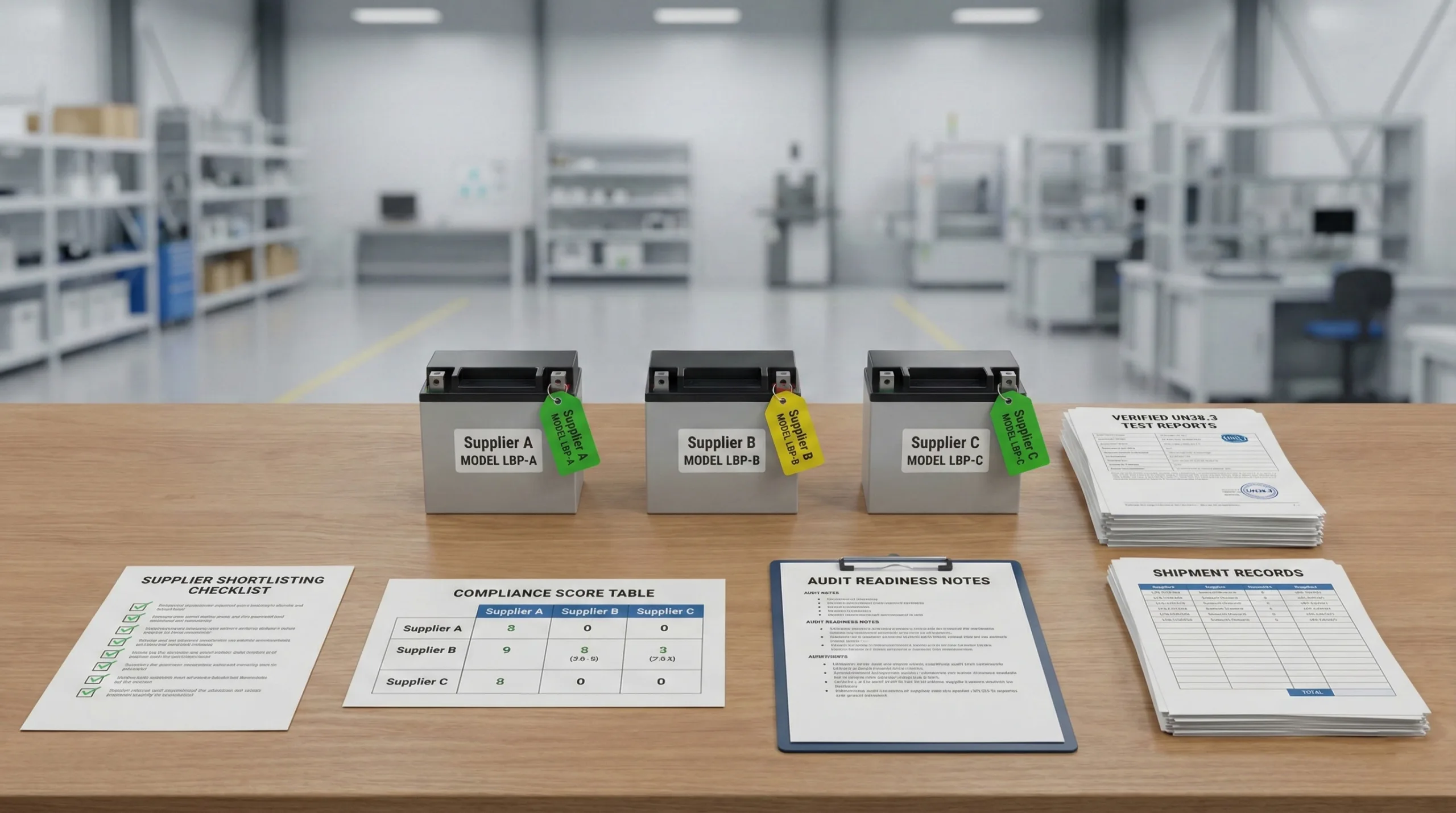 Three lithium battery packs labeled as Supplier A, B, and C on a desk, arranged with a supplier shortlisting checklist, a comparative compliance score table, and verified shipment records.