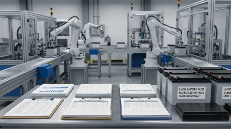 A photorealistic industrial scene showing a production capacity audit. The foreground features a metal table with printed factory output charts, daily logs, and yield reports next to finished lithium battery packs labeled UN38.3 compliant. The background shows an active automated assembly line with multiple robotic arms in a clean factory environment.