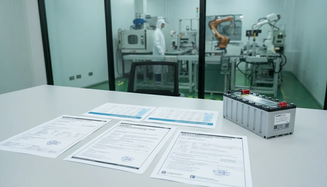 Verification of lithium battery compliance documents including UN38.3 reports, UL2271 certificates, and MSDS sheets alongside battery samples.
