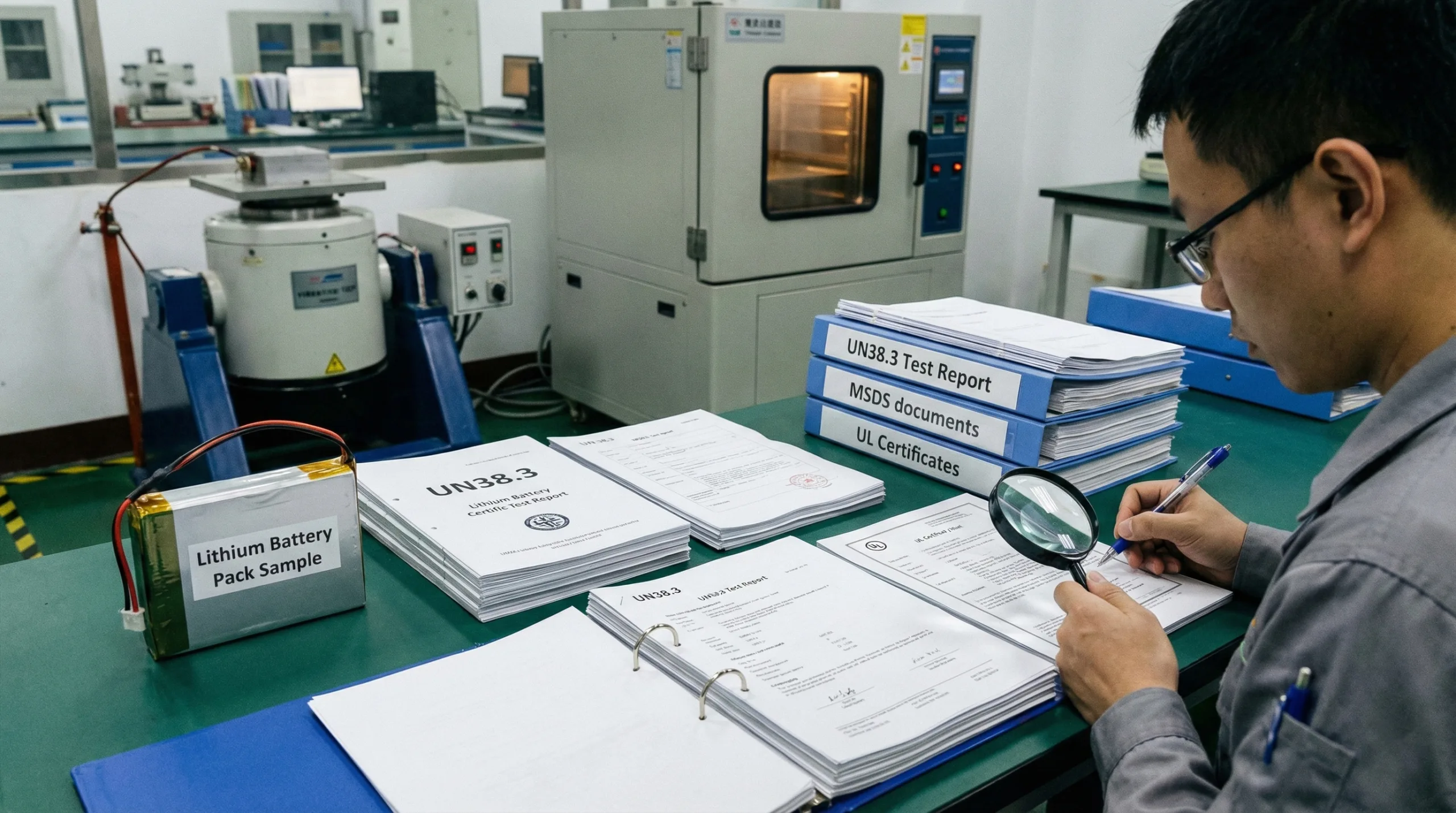 Quality engineer verifying UN38.3 test reports, MSDS documents, and UL certificates alongside a custom lithium battery pack sample.