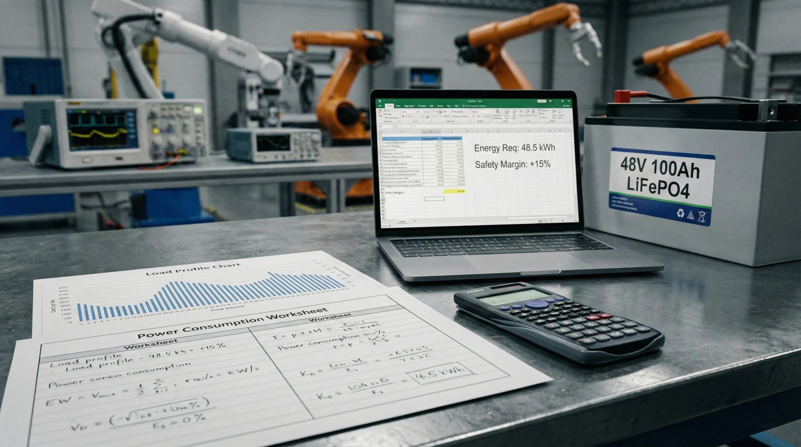 An engineering desk scene with a laptop displaying an energy requirement calculation spreadsheet, a large 48V 100Ah LiFePO4 battery pack, printed load profile charts, a power consumption worksheet, and a calculator. Industrial robot arms are visible in the background.
