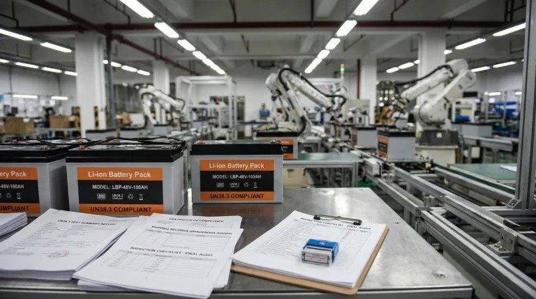 A workbench in a factory holding lithium battery packs labeled UN38.3 compliant alongside certification documents, with automated robotic arms working on a production line in the background.
