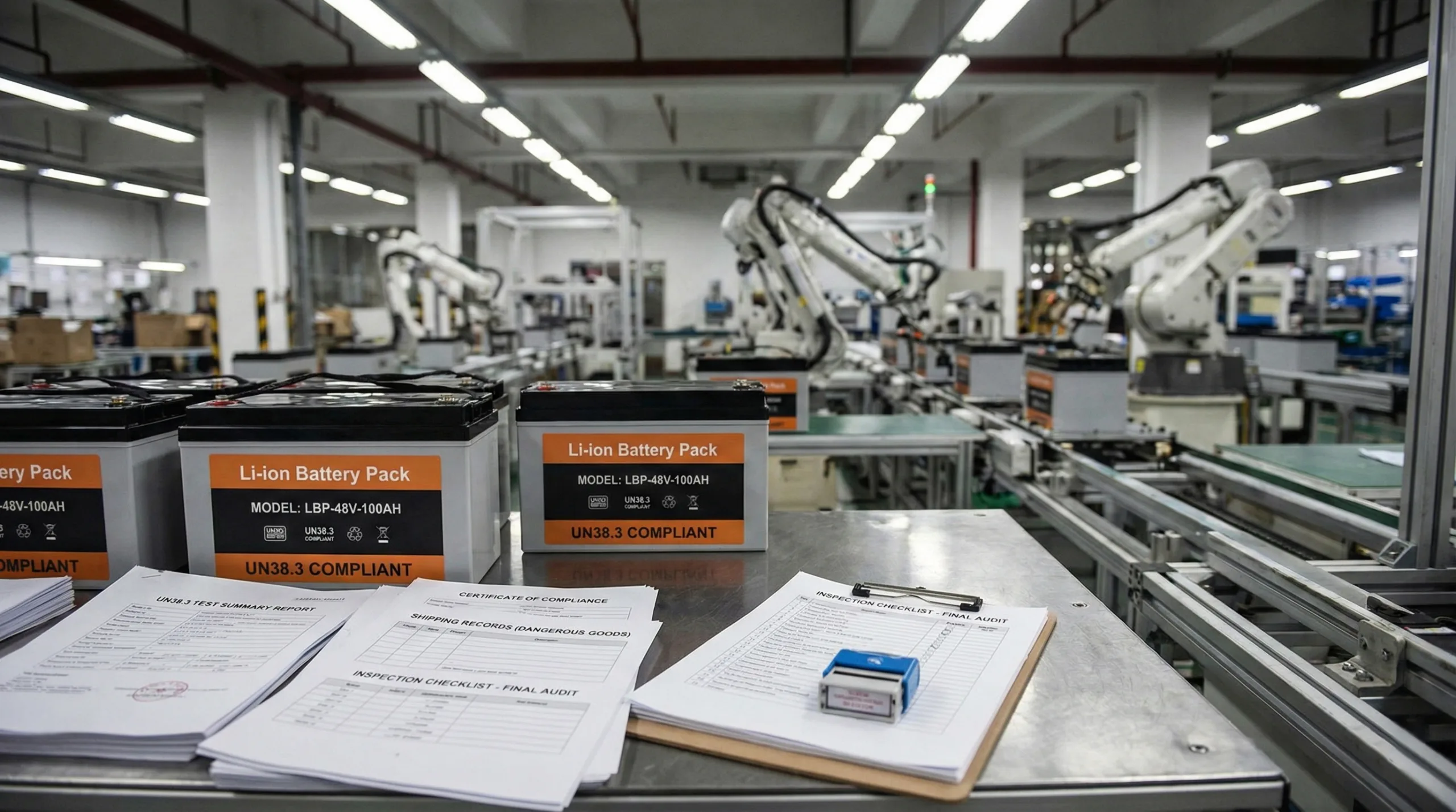 Workbench holding lithium battery packs labeled UN38.3 compliant alongside certification documents, with automated robotic arms operating on a production line in the background.