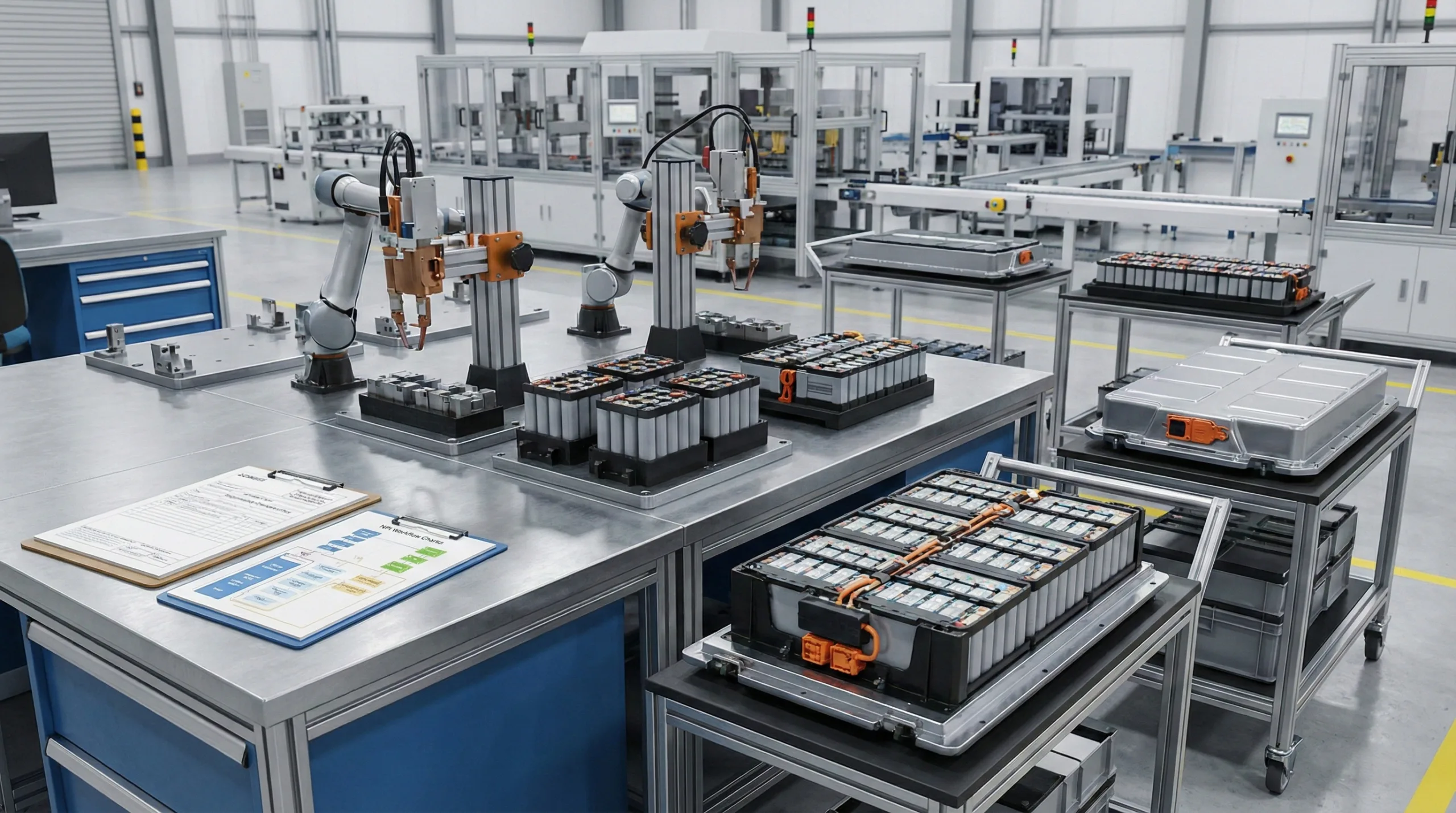 A photorealistic view of a flexible engineering throughput area in a factory. A workbench holds engineering change documents on clipboards next to adjustable robotic welding stations. Several different custom-configured lithium battery packs in various sizes are staged on mobile carts ready for processing.