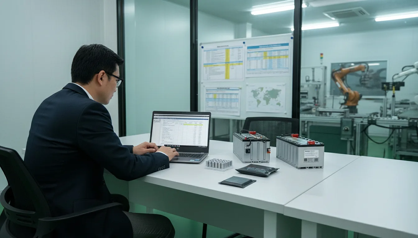 Procurement manager analyzing lithium battery pack pricing, lead times, and logistics costs using spreadsheets for B2B sourcing.