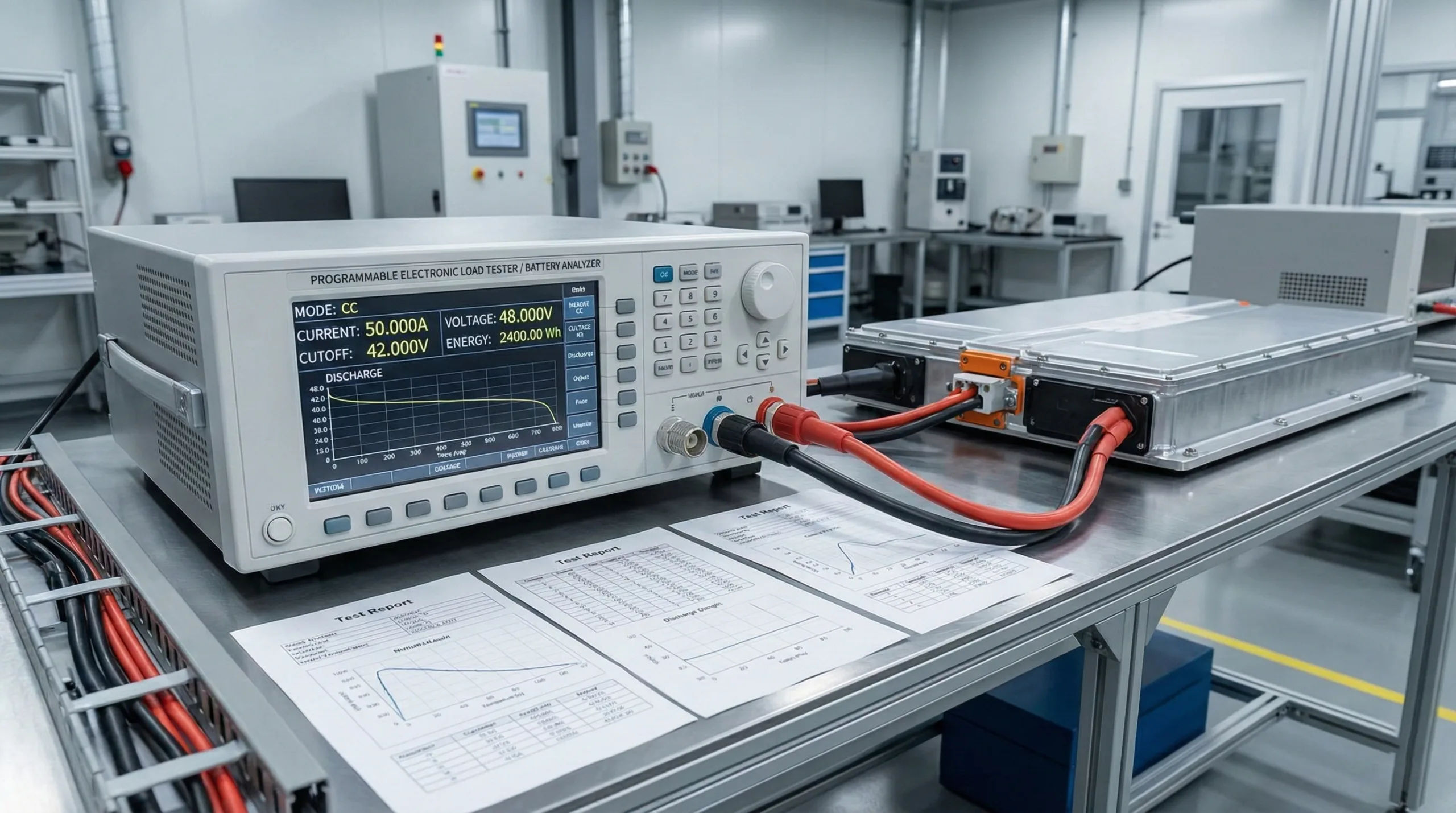Close-up view of a programmable electronic load tester performing a discharge test on a large flat lithium battery pack via thick cables. The tester screen shows constant current mode and total energy delivered, and printed test reports are spread on the clean metal workbench.