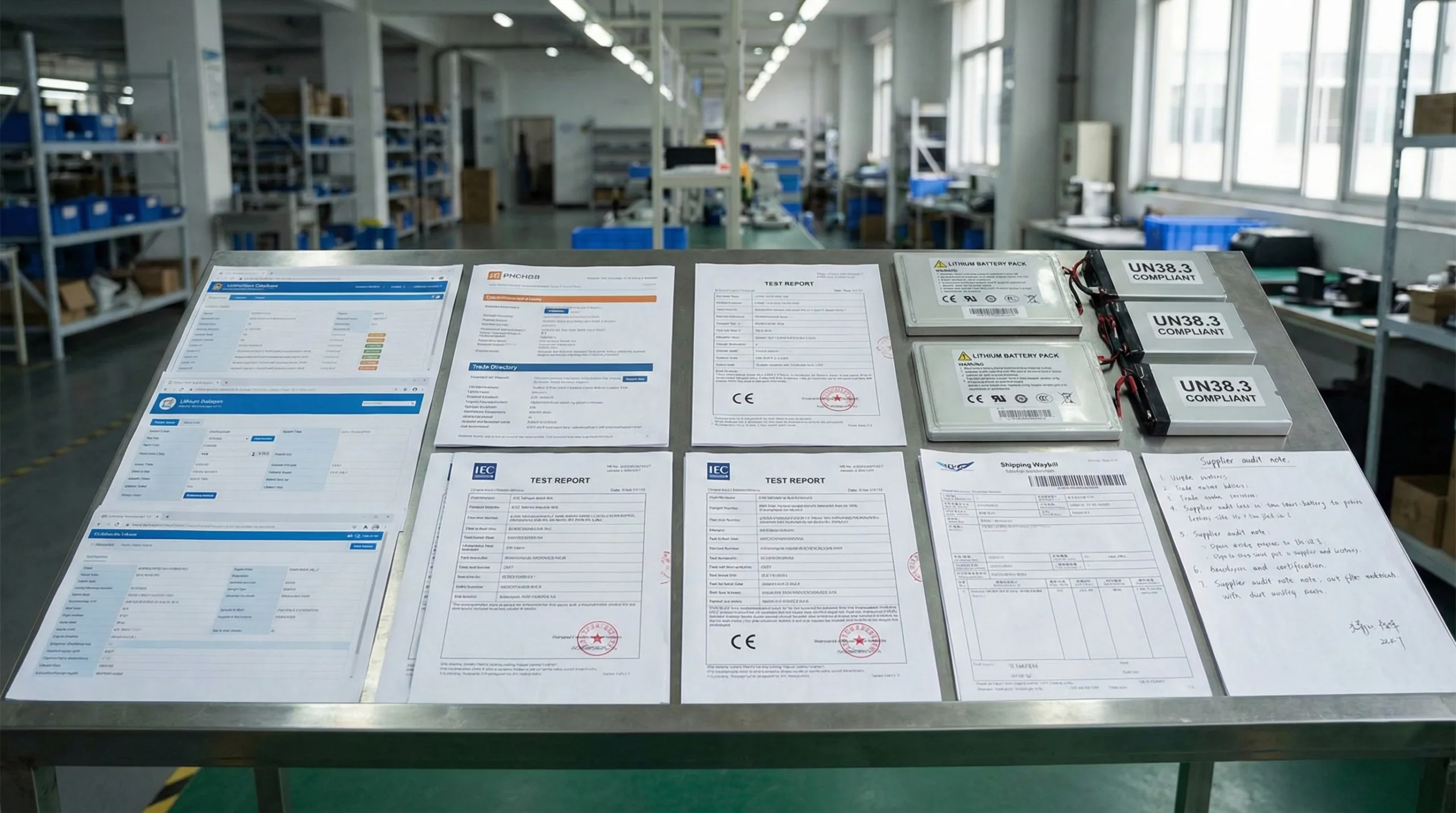 An industrial desk covered with sourcing evidence, including printed database screenshots, trade listings, UN38.3 and IEC test reports, and handwritten audit notes next to several small battery packs.