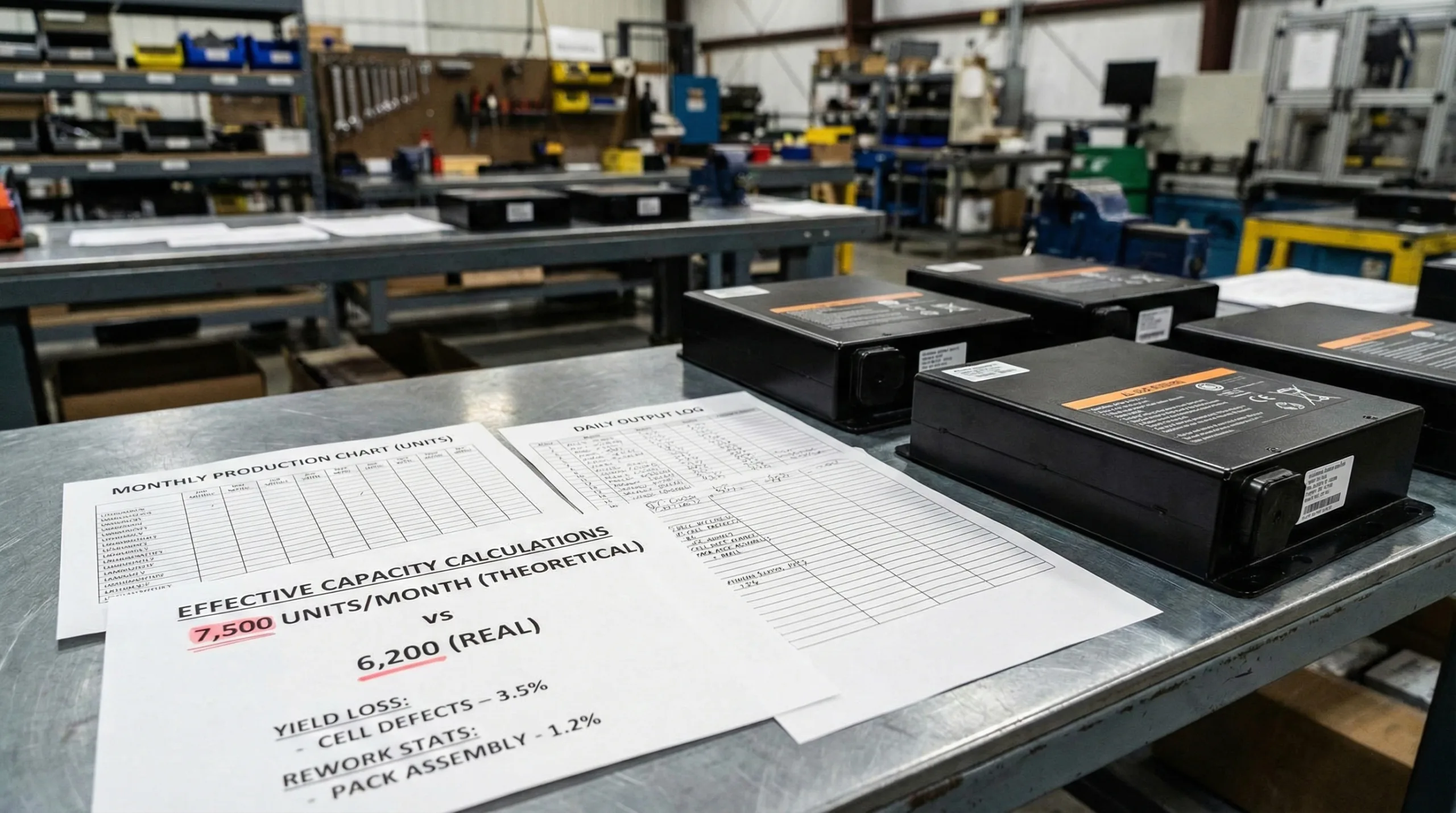 A documentary-style photograph of a workbench in a factory workshop. Printed documents display a capacity analysis, highlighting a discrepancy between 