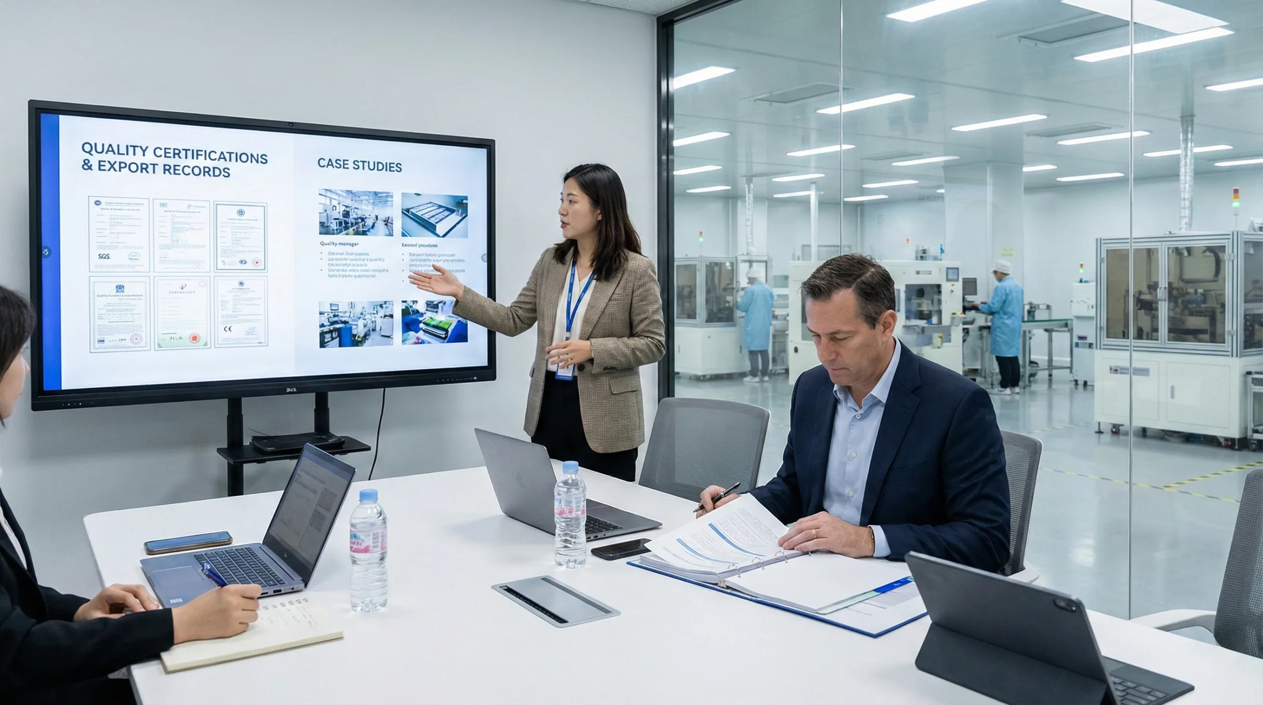 Quality manager presenting ISO certifications, export records, and successful case studies to a B2B client in a transparent meeting setting.