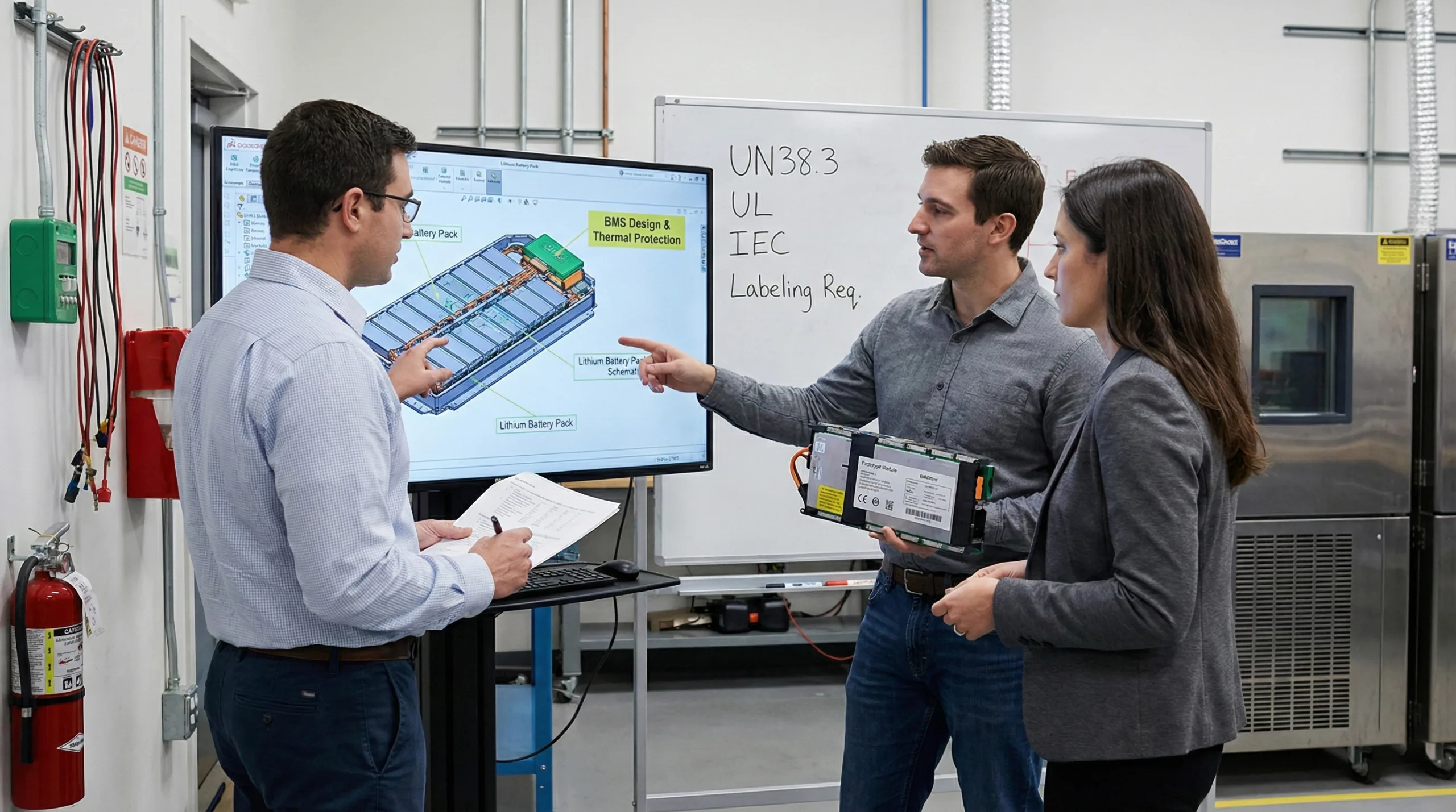 Engineering team discussing BMS design, thermal protection, and labeling requirements with battery pack schematics displayed.