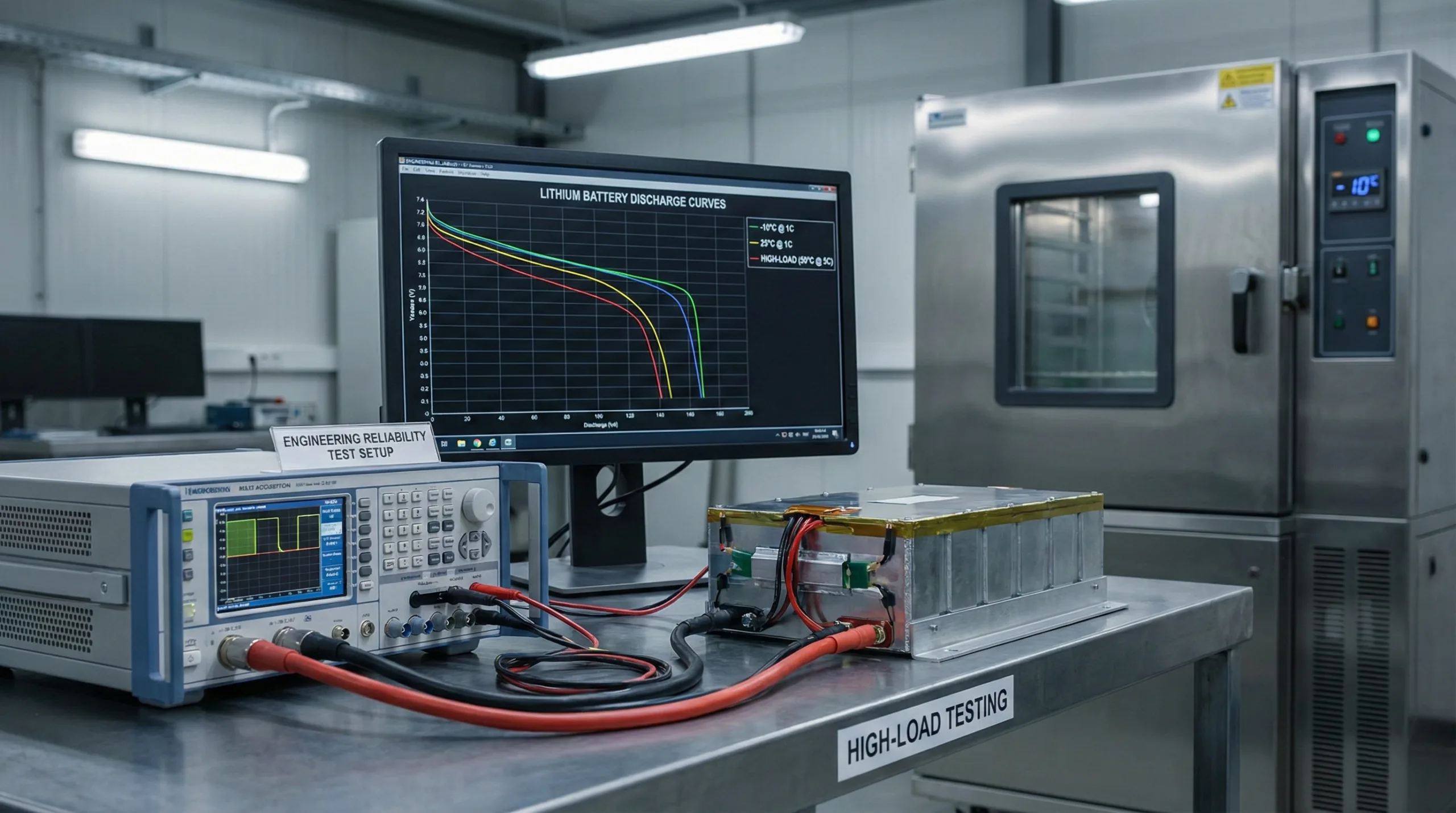 A technical lab setup showing a computer monitor displaying lithium battery discharge curves, connected to a large custom battery pack and measurement equipment. A large temperature test chamber set to -10°C is visible in the background.