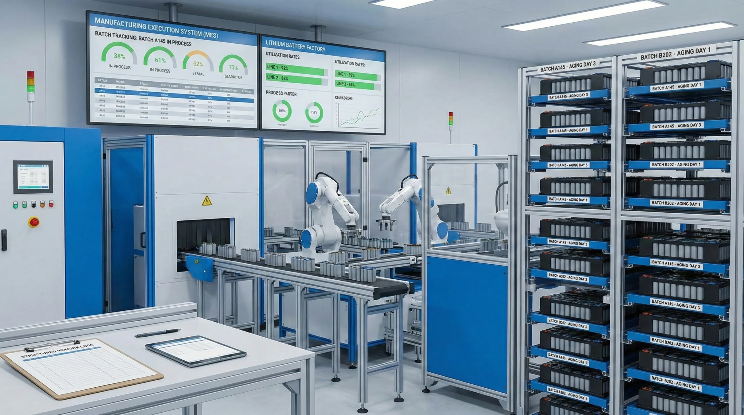 A wide-angle view of a scalable, heavily automated lithium battery factory. Large Manufacturing Execution System (MES) screens display batch tracking and utilization rates. Robotic arms sort battery cells on conveyors next to tall, organized aging racks filled with labeled battery batches.