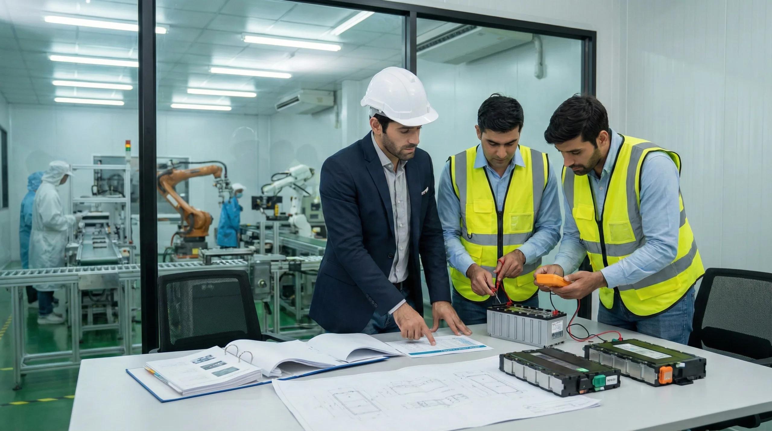 Engineers and sourcing managers reviewing technical drawings and custom lithium battery pack specifications during a factory meeting.