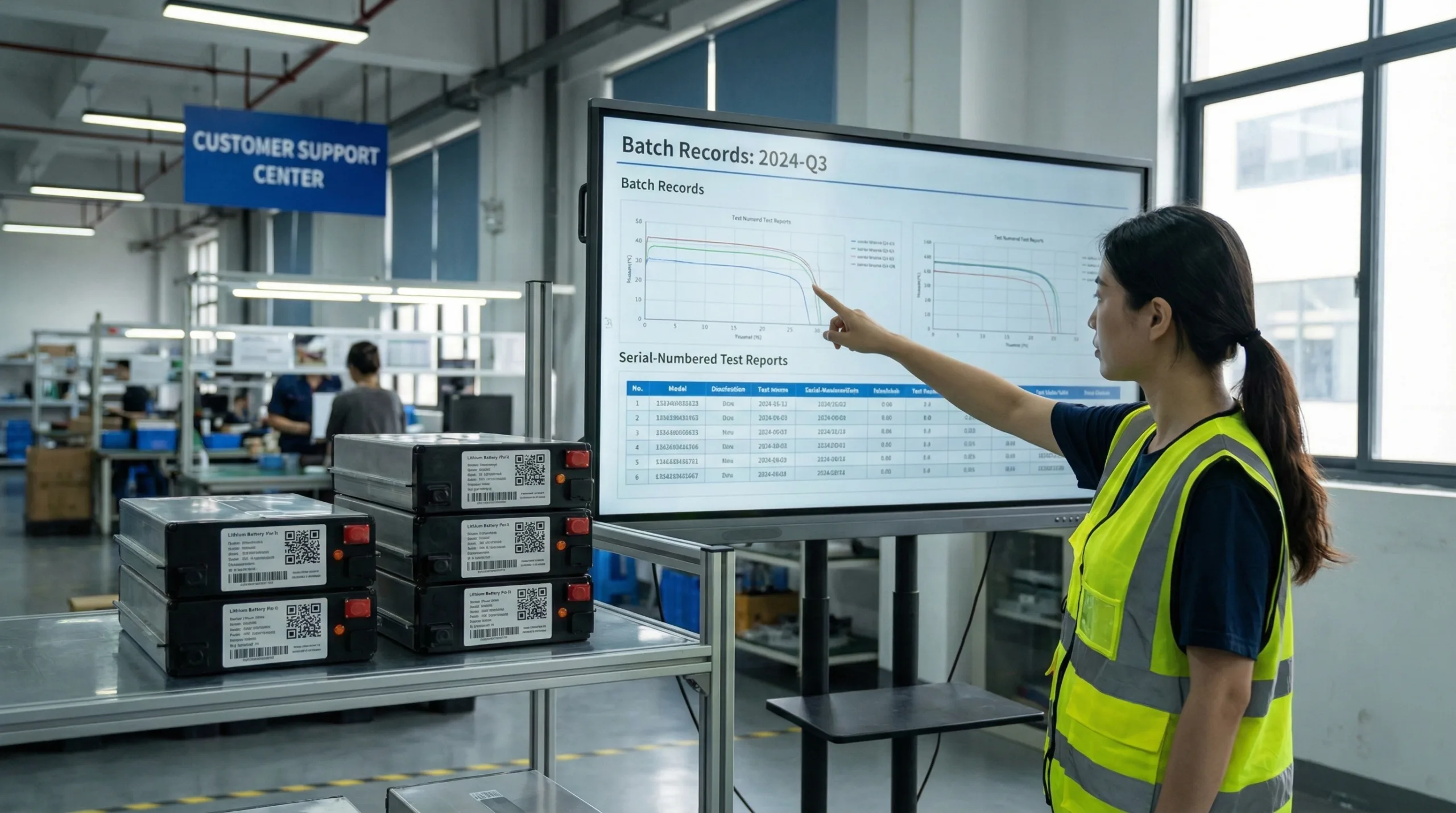 Quality control review of battery pack batch records and serial-numbered test reports focusing on traceability and after-sales support.