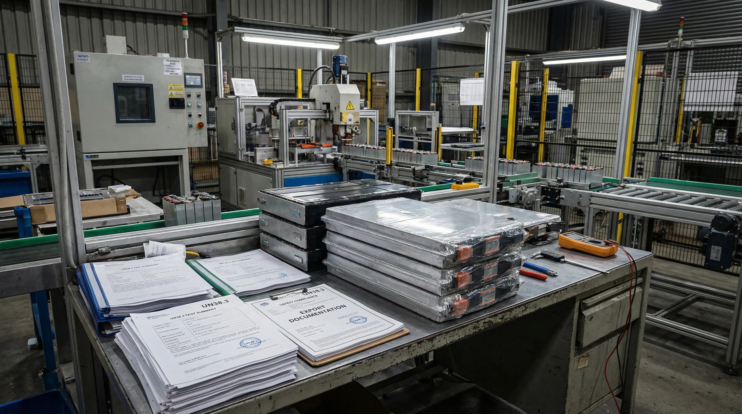 An industrial photograph showing finished lithium battery packs and UN38.3 test summary certification documents placed on a foreground desk, with an active automated battery manufacturing line operating in the background factory environment.