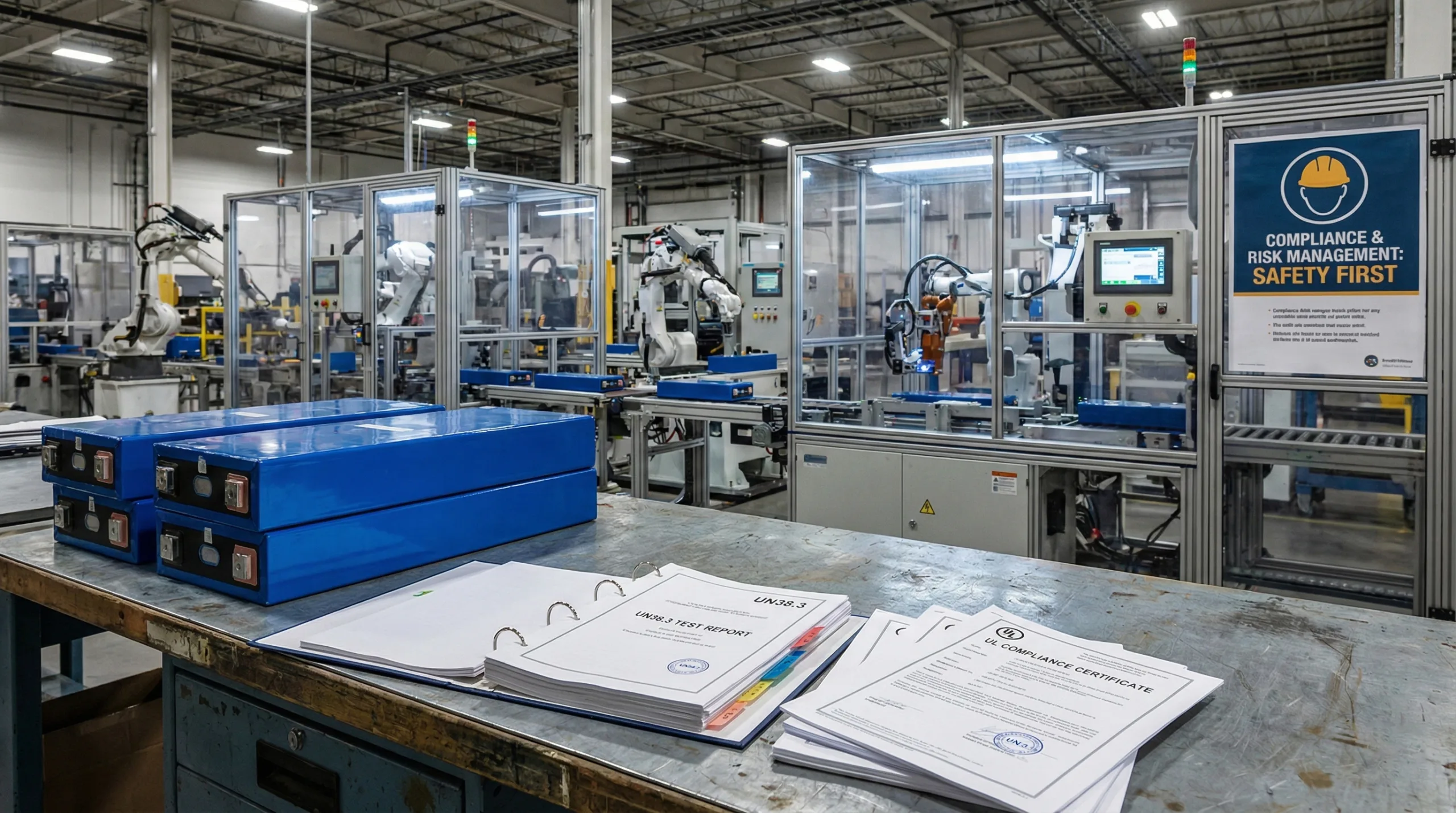Industrial factory workbench with blue lithium battery packs and open ring binders showing "UN38.3 TEST REPORT" and "UL COMPLIANCE CERTIFICATE" documents. In the background is an active automated production line with robotic arms and a safety sign reading "COMPLIANCE & RISK MANAGEMENT: SAFETY FIRST."