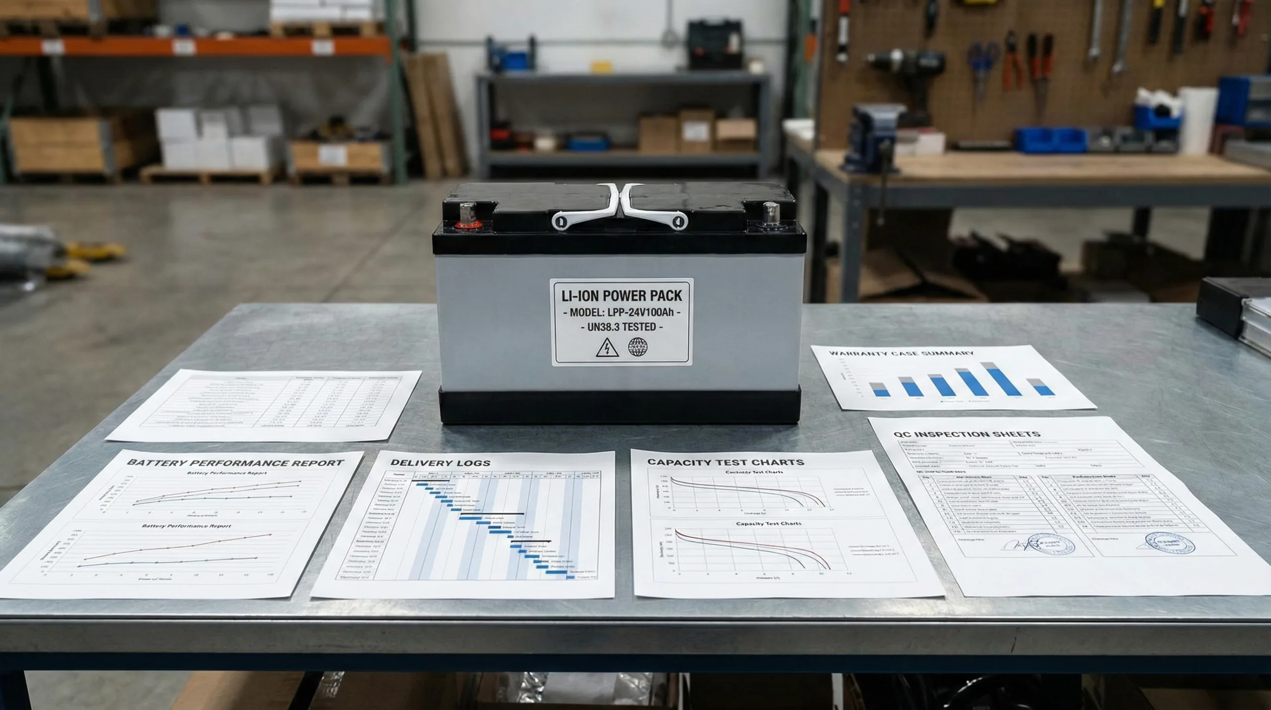 A large lithium-ion battery pack centered on a metal table surrounded by analytical charts showing performance metrics, delivery logs, warranty data, and QC inspection sheets.