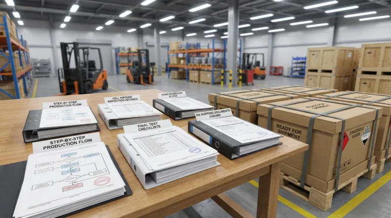 An industrial logistics scene showing a lead time reliability audit. A table in the foreground holds binders containing production flows, inspection records, and dangerous goods shipping documents. Behind the table, large wooden crates packed with lithium batteries and labeled "READY FOR SHIPMENT" are staged in a warehouse with forklifts.