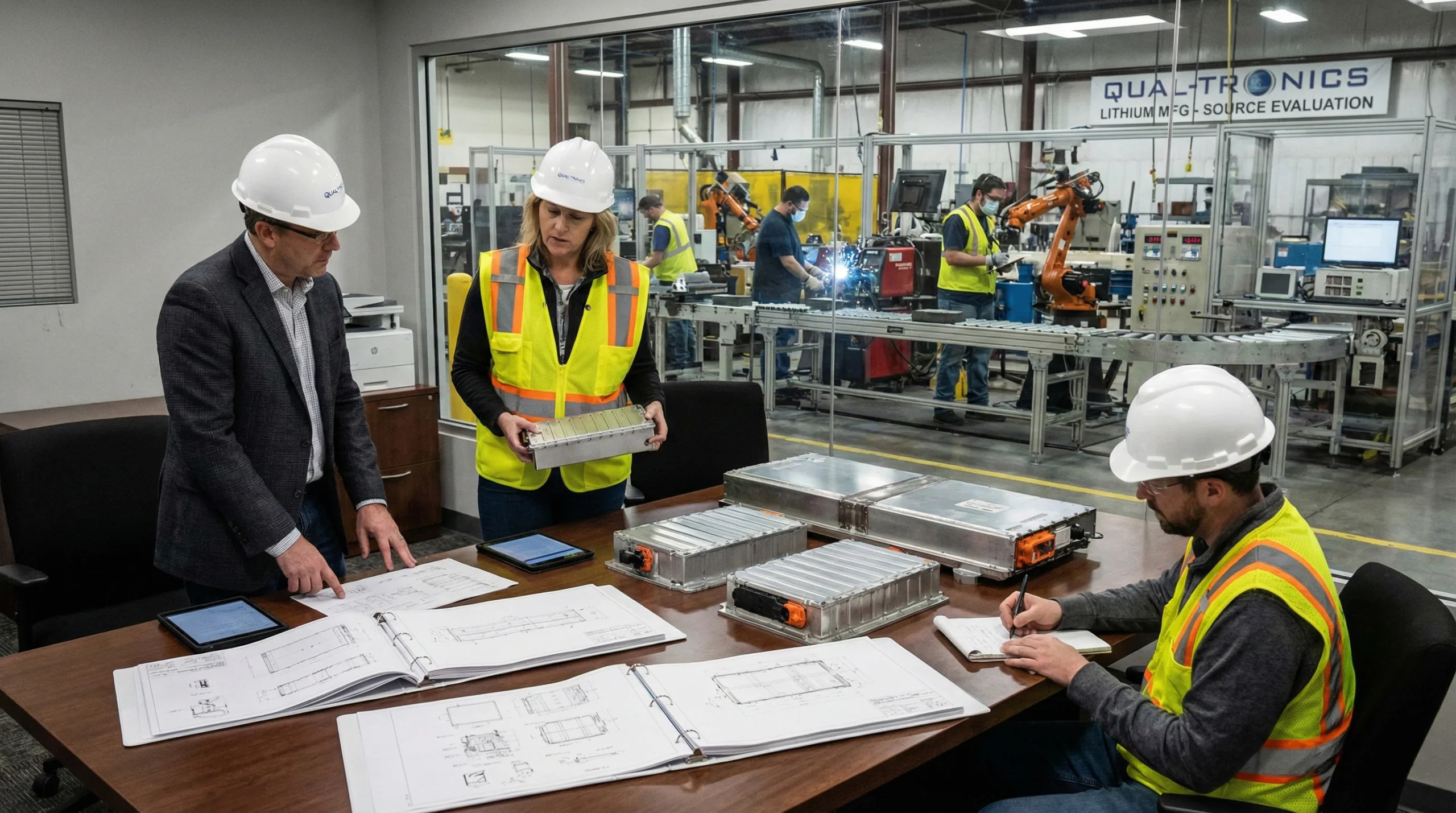 U.S. industrial buyer conducting on-site supplier evaluation at a lithium battery pack manufacturing facility, reviewing samples with engineers.