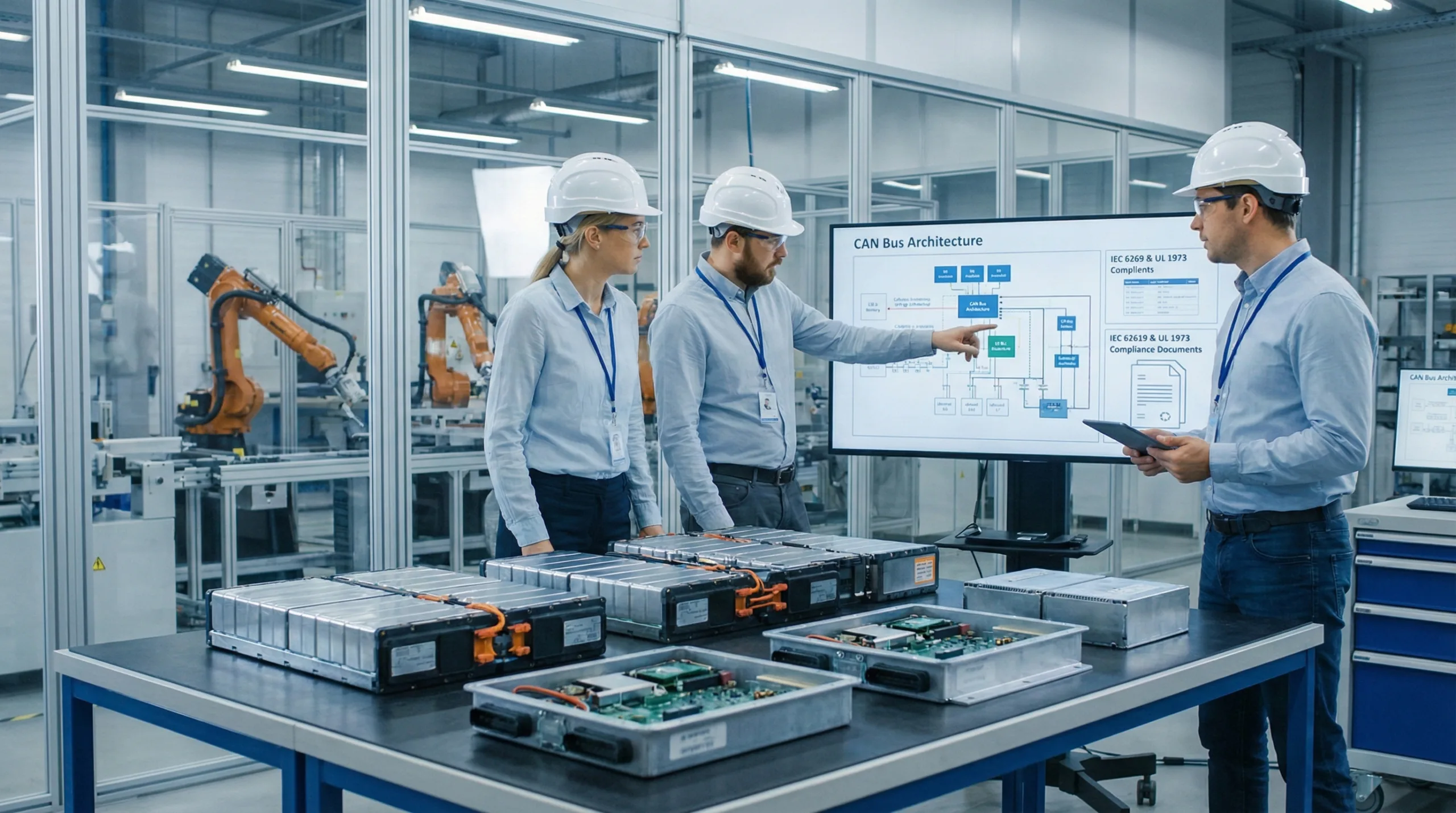 Engineers plan a scalable lithium battery system, reviewing CAN bus architecture and IEC/UL compliance documents on a large monitor. Modular battery packs and exposed BMS units are displayed on the table in a modern manufacturing environment.