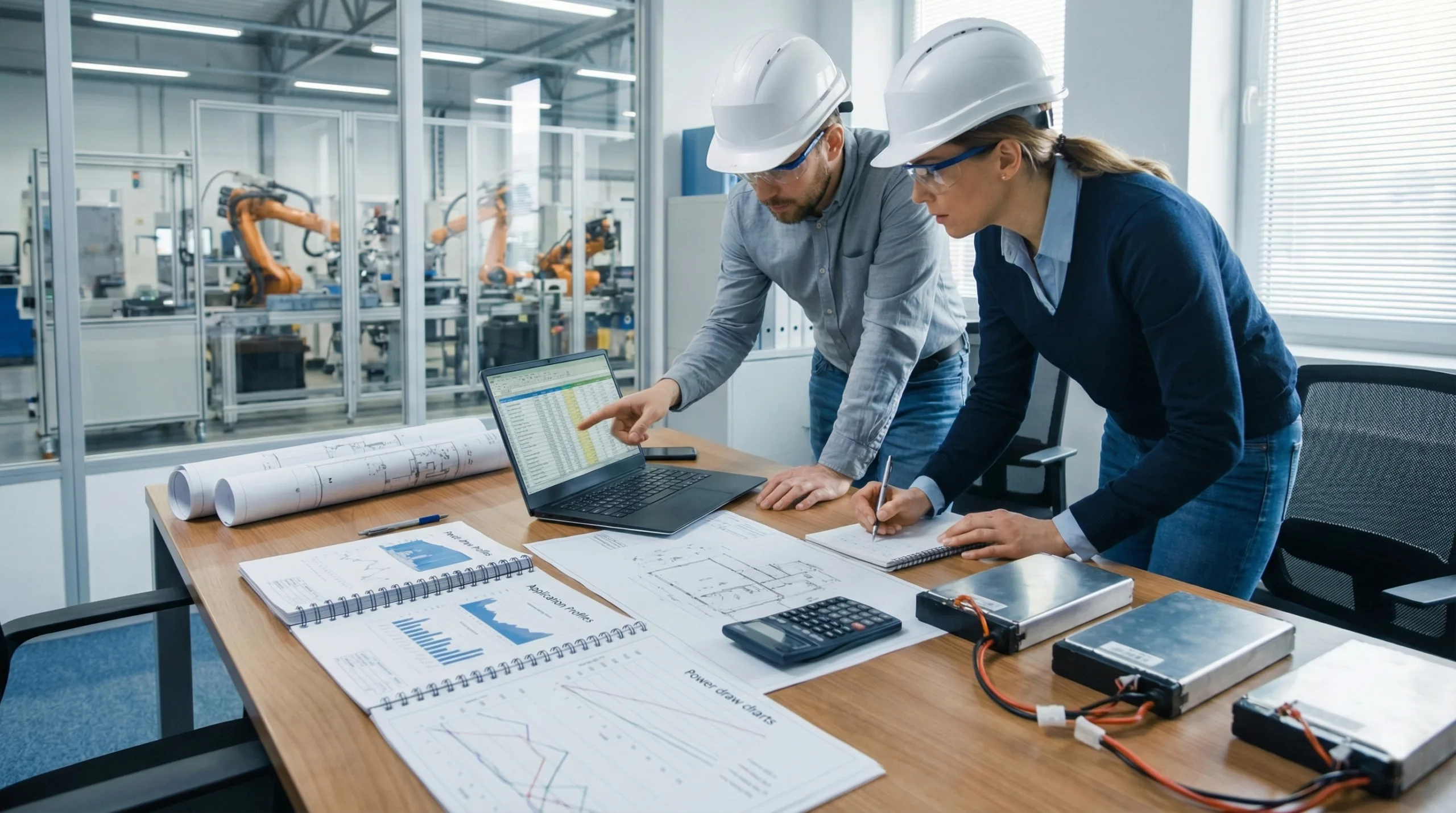 Engineers calculate specifications for a lithium battery quotation at a desk covered with application profile documents, power draw charts, and CAD drawings. Detailed battery pack samples are present for reference against the active factory background.
