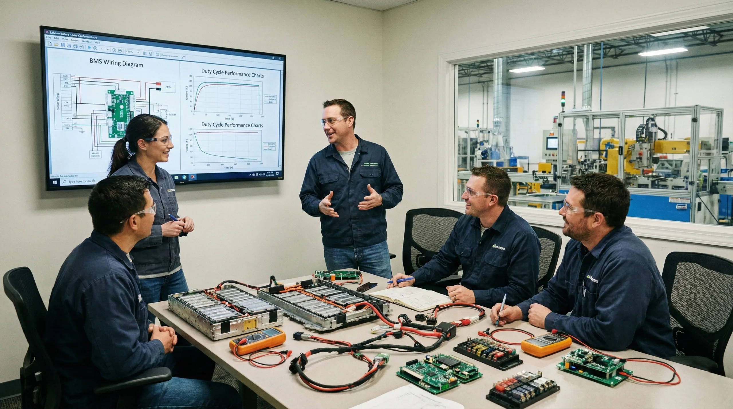 An engineering team discusses lithium battery safety and performance strategies. A screen displays BMS wiring diagrams and duty cycle charts, while battery pack protection components and wiring harnesses are laid out on the table for technical review.